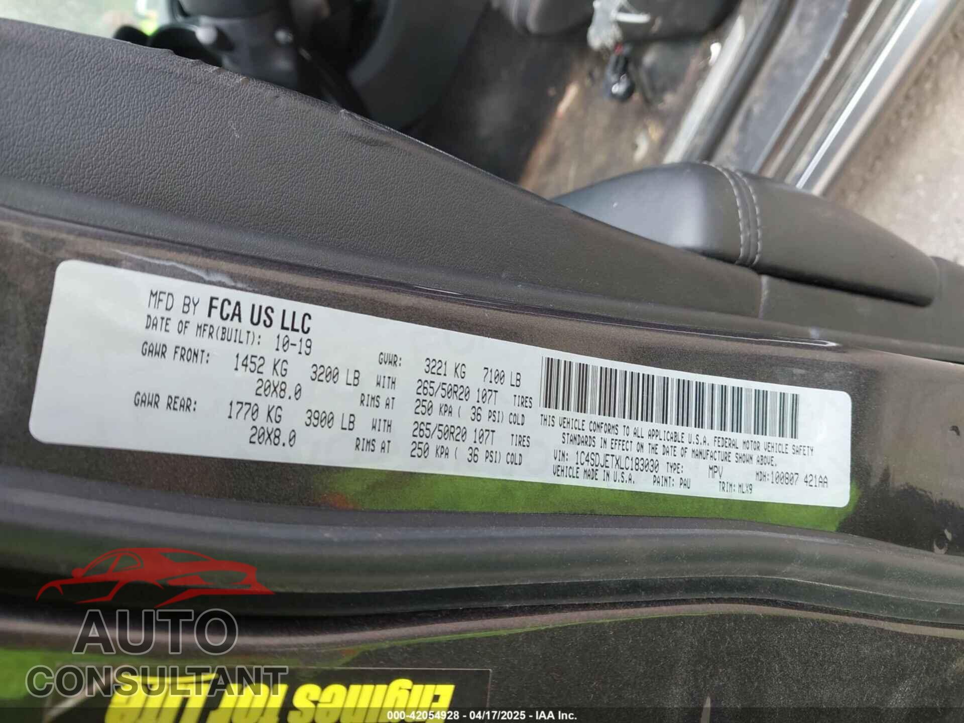 DODGE DURANGO 2020 - 1C4SDJETXLC183030