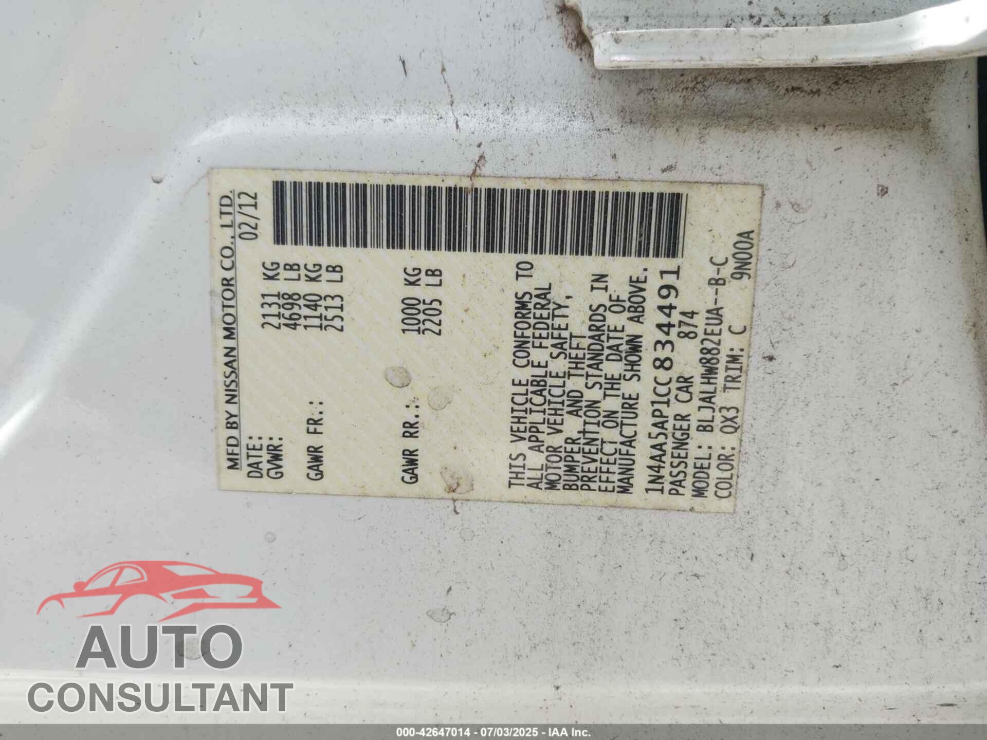 NISSAN MAXIMA 2012 - 1N4AA5AP1CC834491