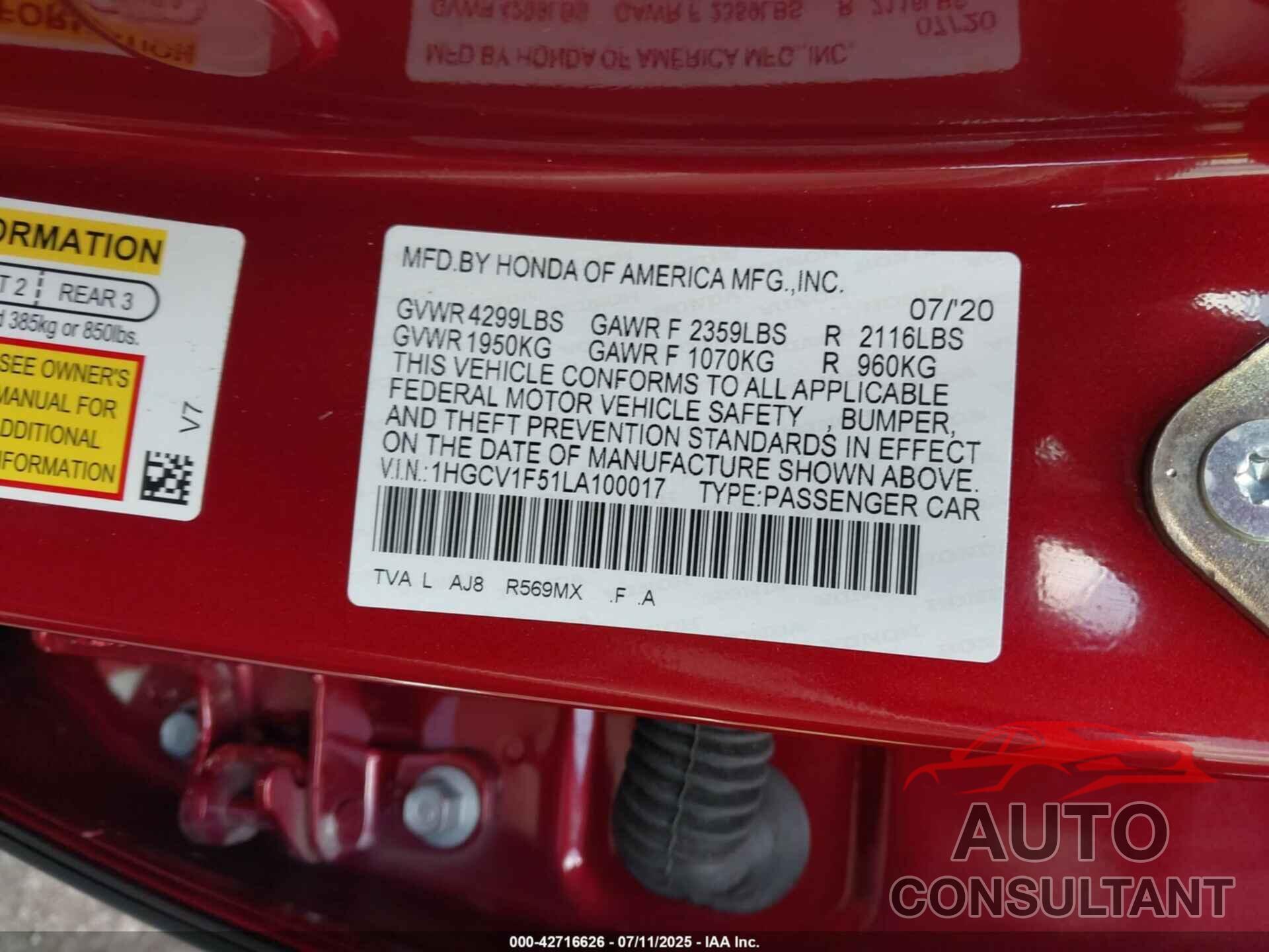 HONDA ACCORD 2020 - 1HGCV1F51LA100017