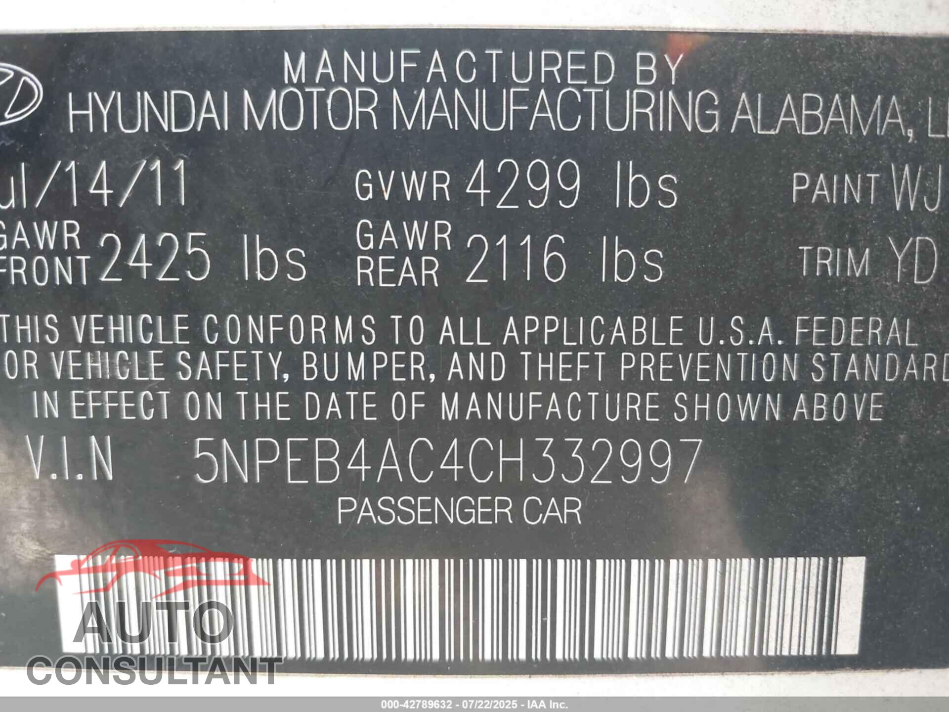 HYUNDAI SONATA 2012 - 5NPEB4AC4CH332997