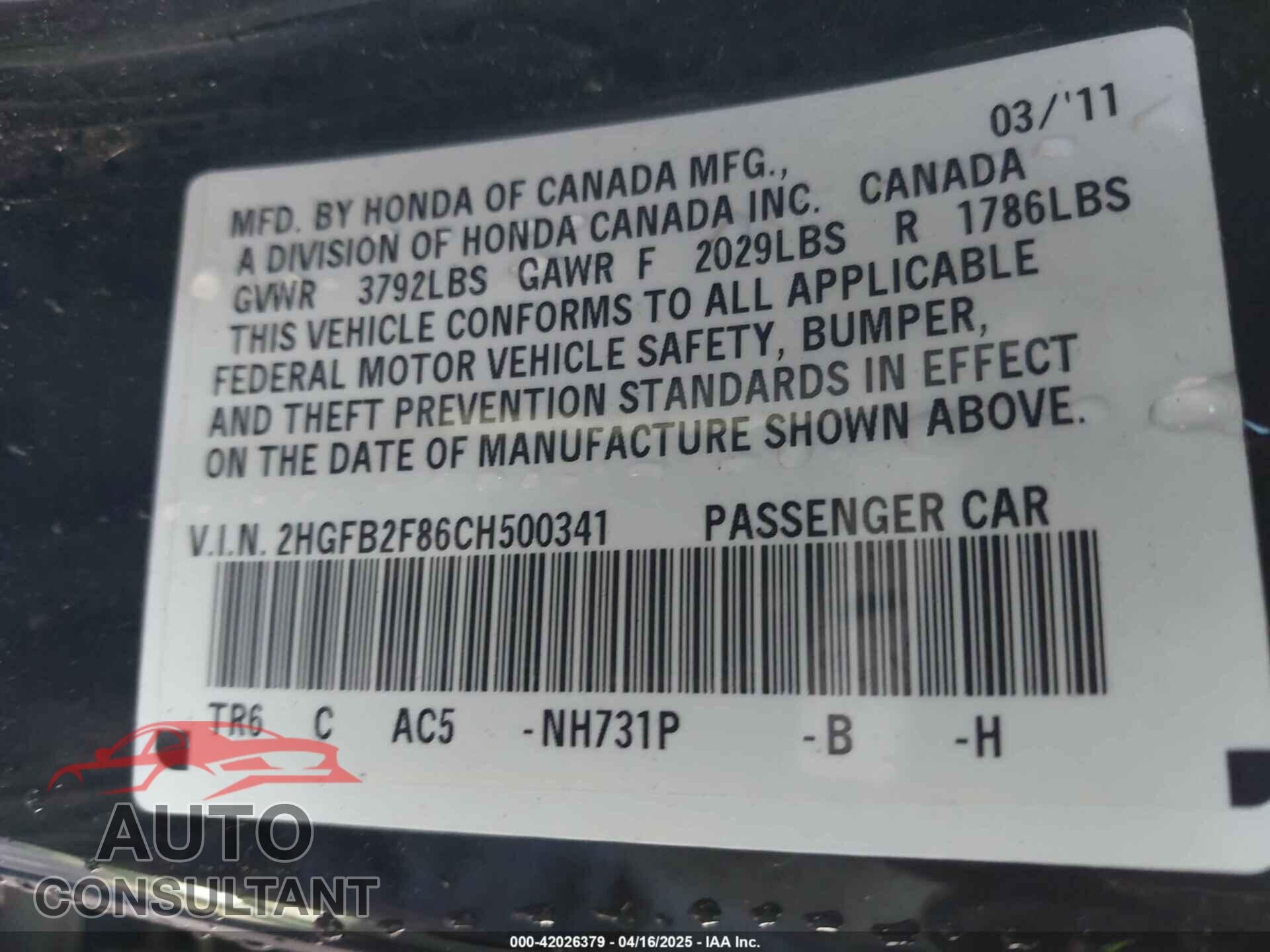 HONDA CIVIC 2012 - 2HGFB2F86CH500341