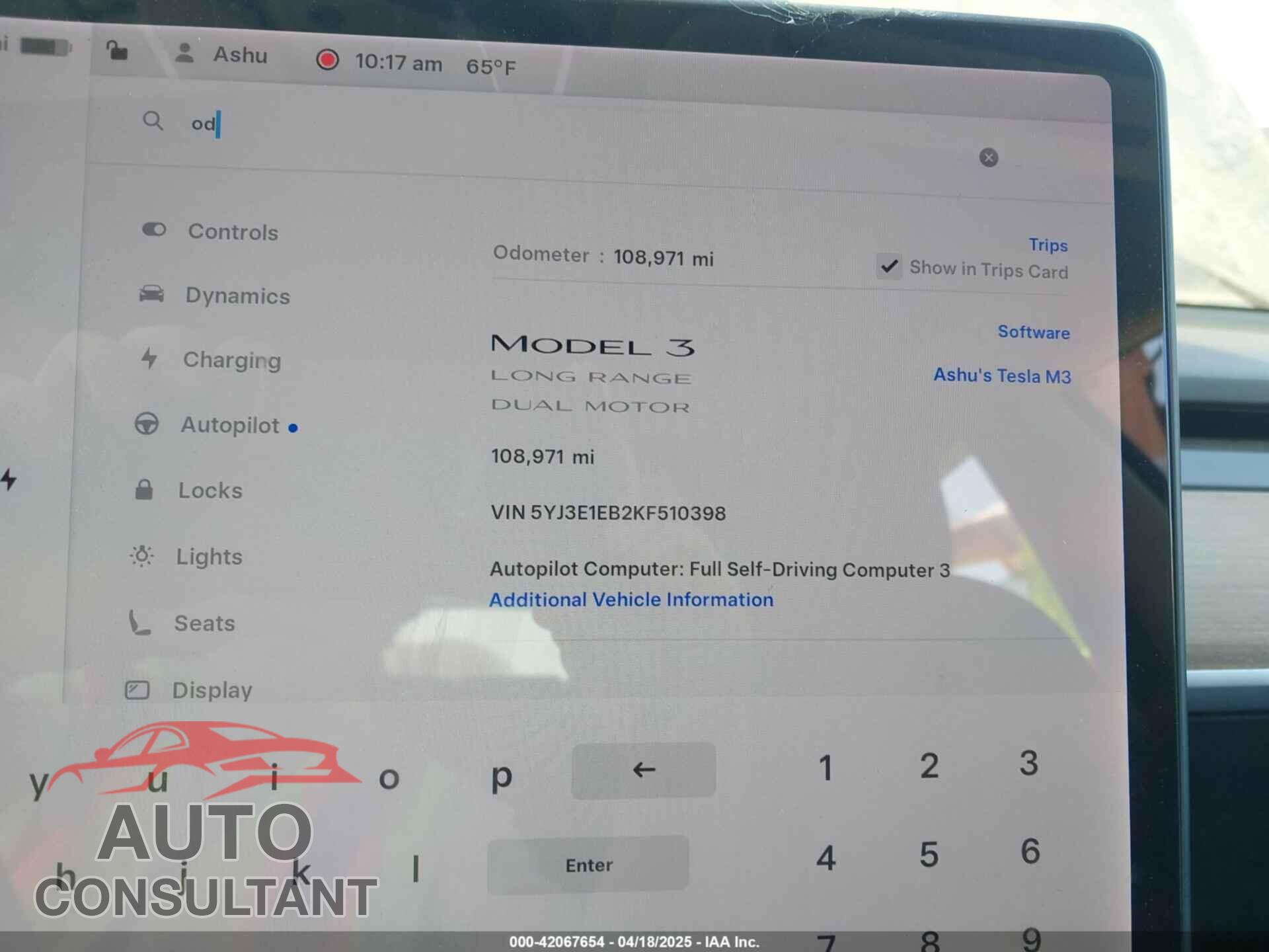 TESLA MODEL 3 2019 - 5YJ3E1EB2KF510398
