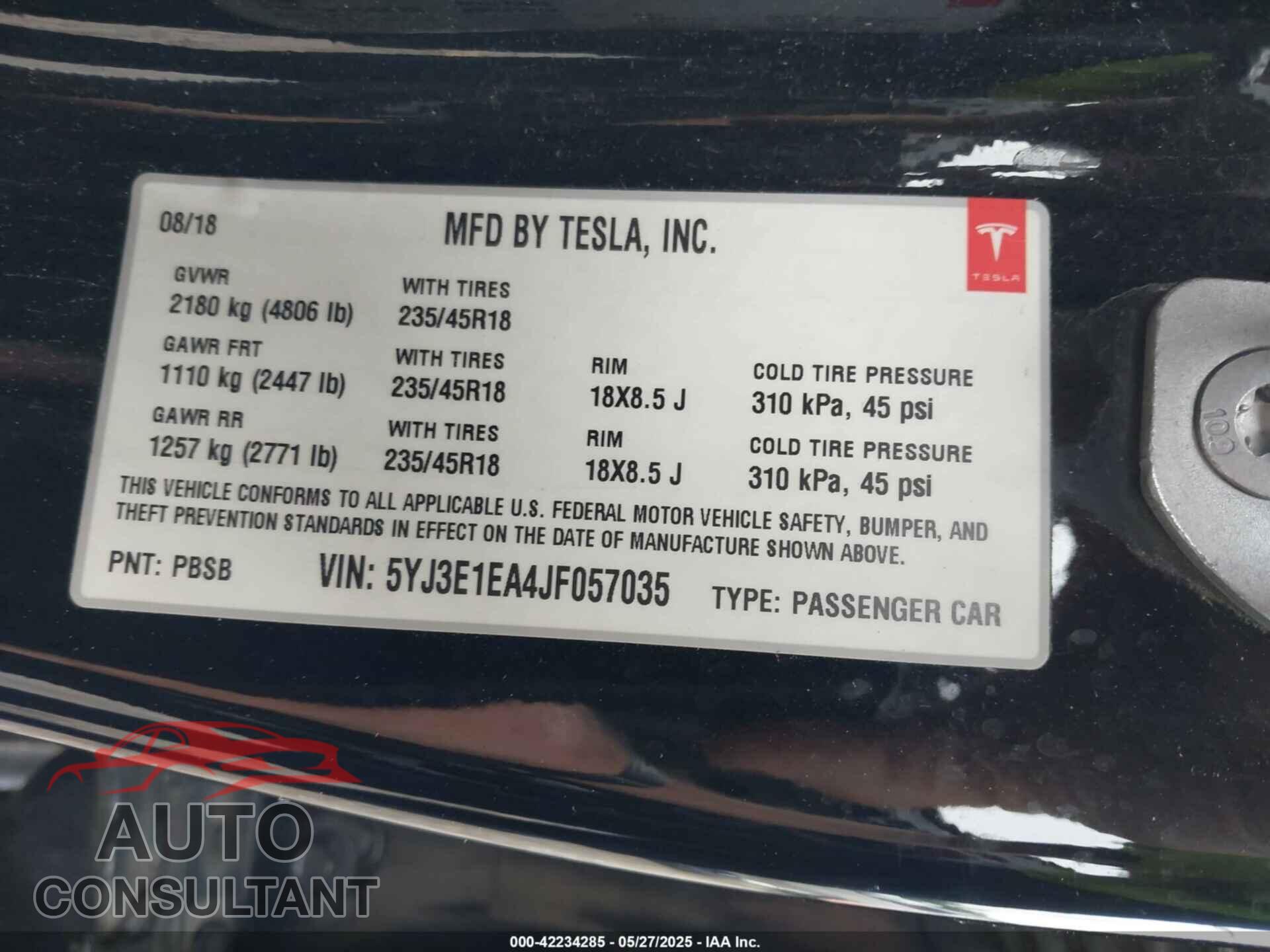 TESLA MODEL 3 2018 - 5YJ3E1EA4JF057035
