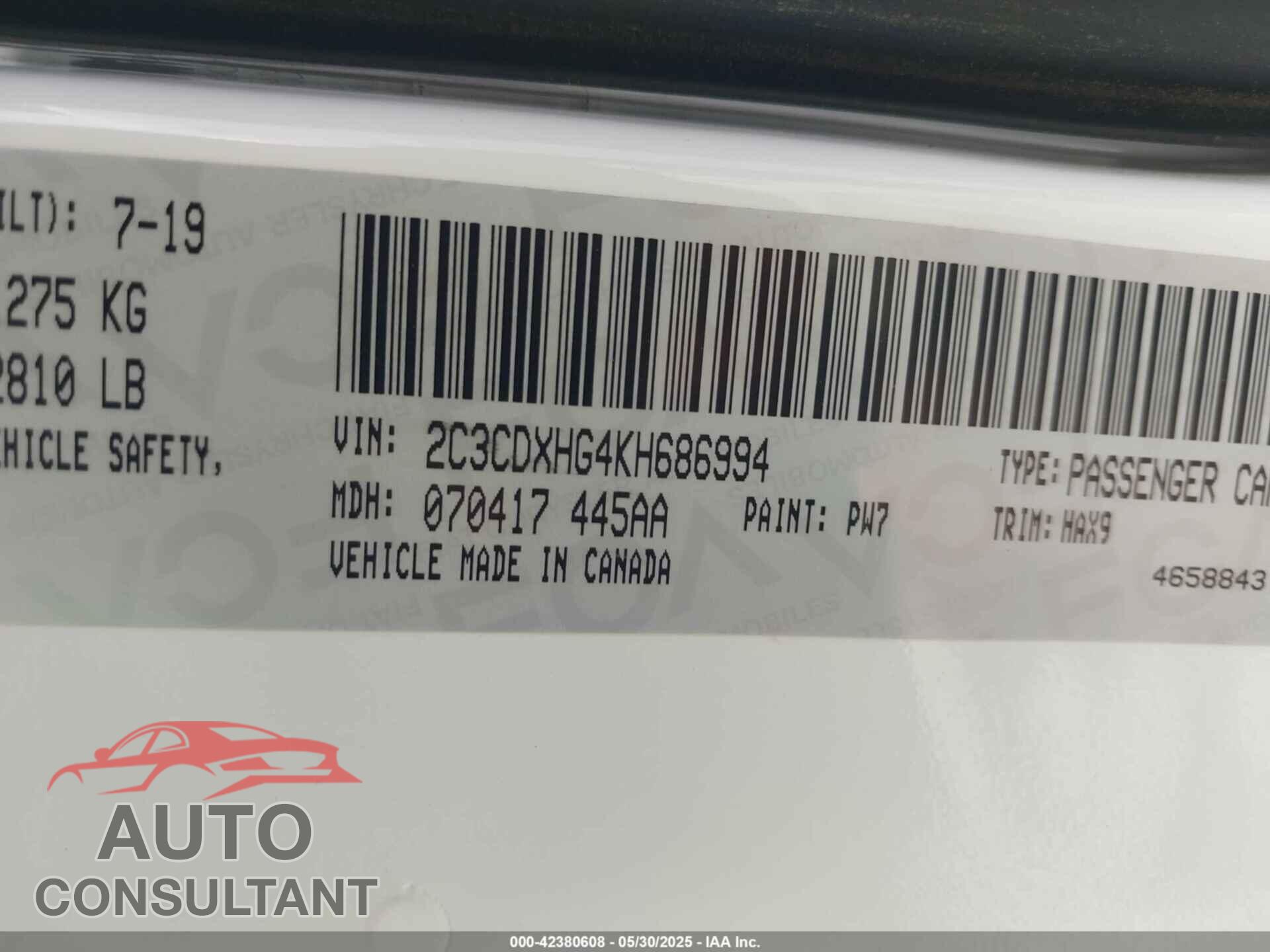 DODGE CHARGER 2019 - 2C3CDXHG4KH686994