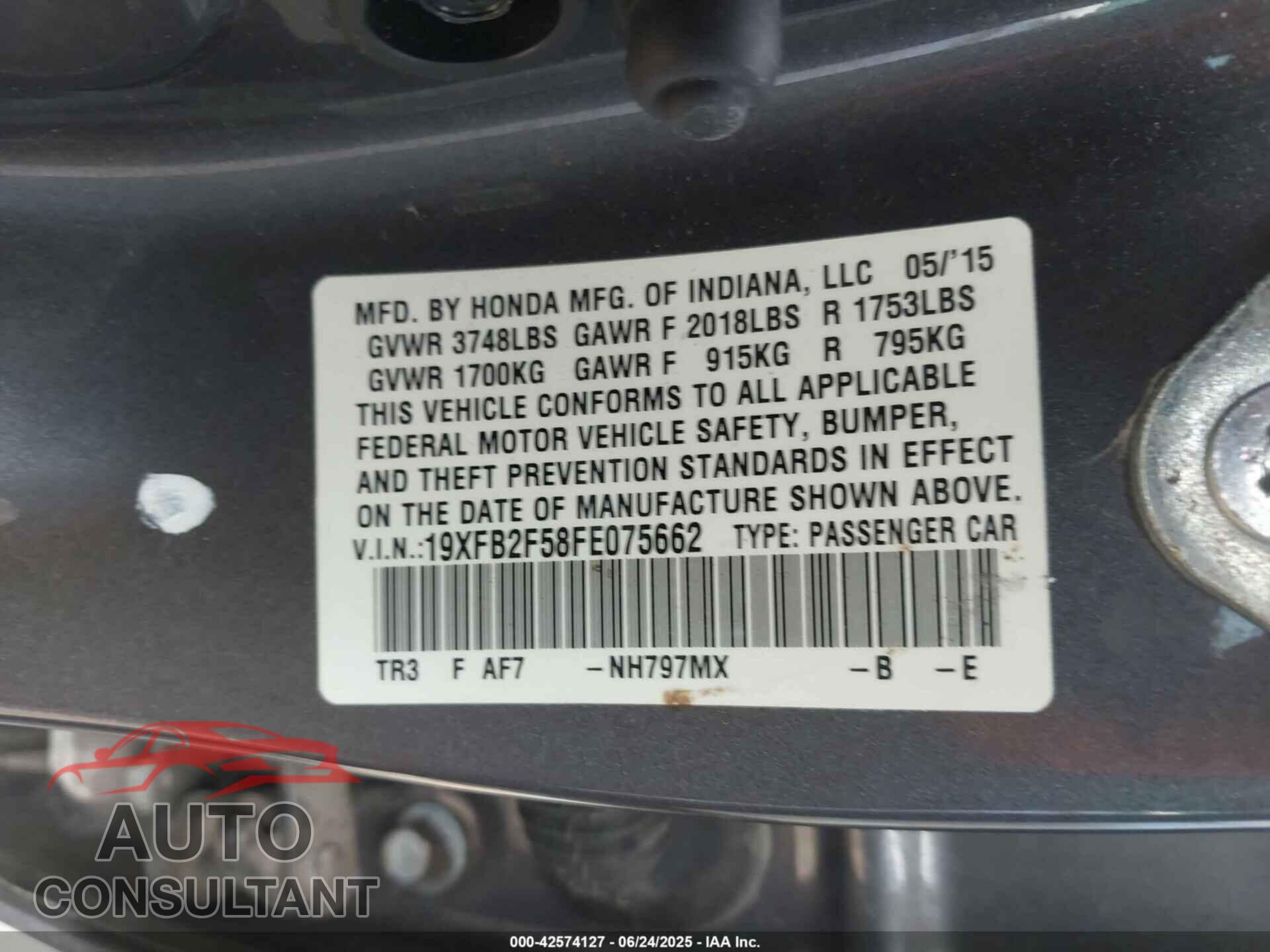 HONDA CIVIC 2015 - 19XFB2F58FE075662