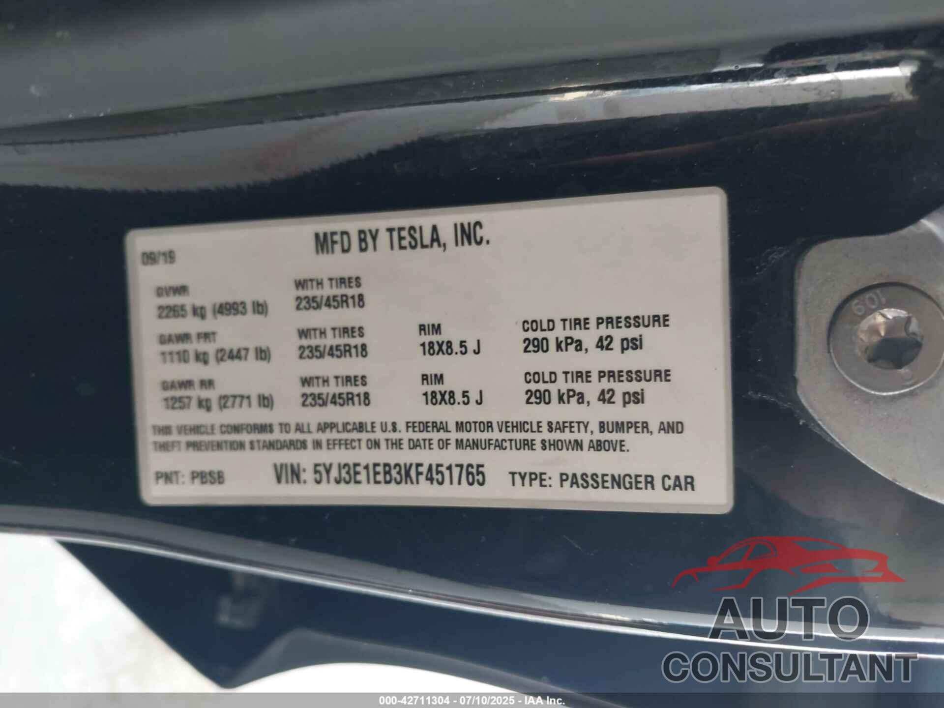 TESLA MODEL 3 2019 - 5YJ3E1EB3KF451765
