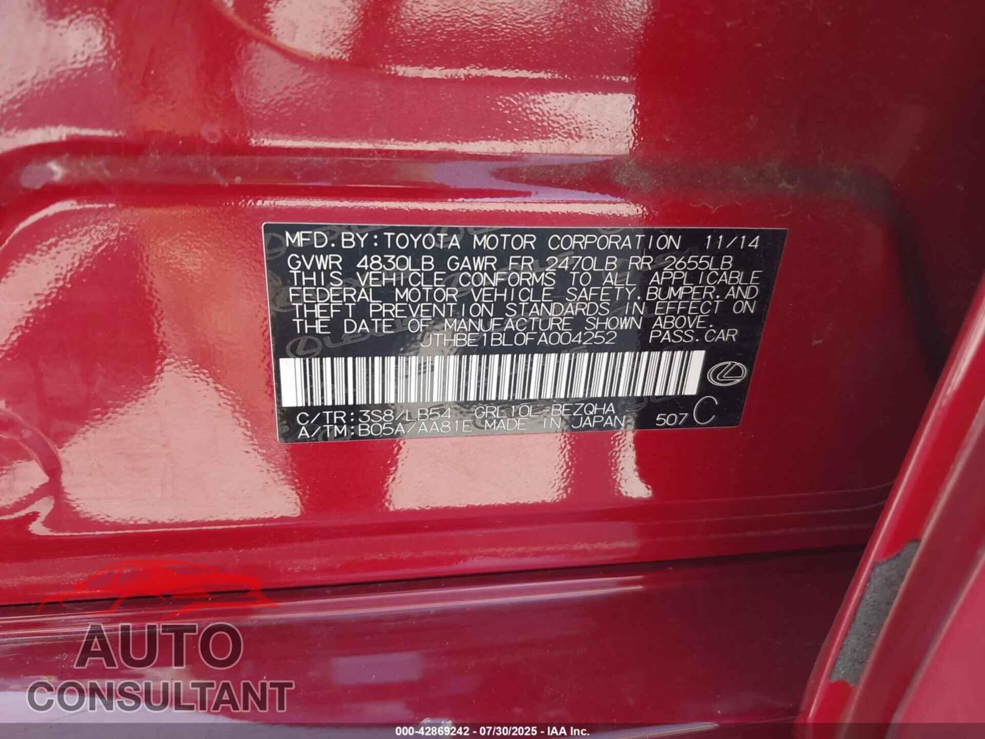 LEXUS GS 350 2015 - JTHBE1BL0FA004252