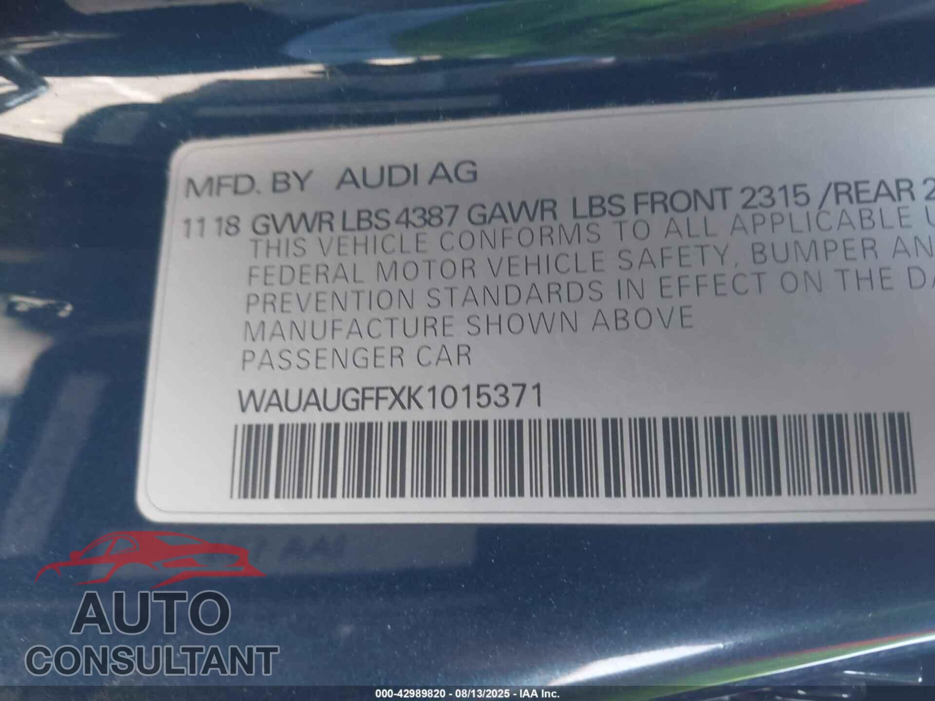 AUDI A3 2019 - WAUAUGFFXK1015371
