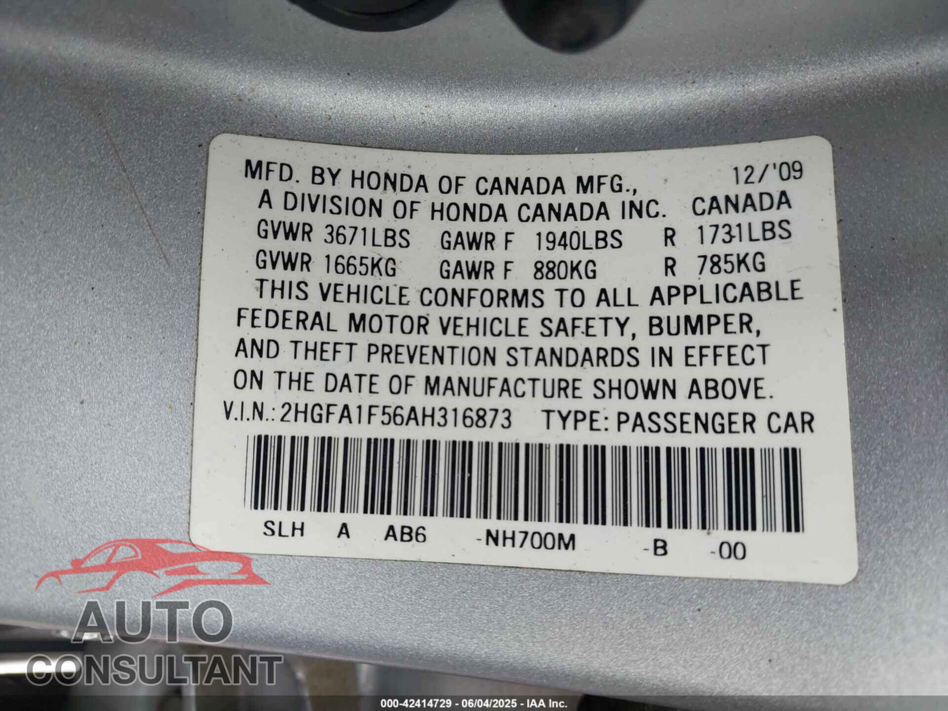 HONDA CIVIC 2010 - 2HGFA1F56AH316873