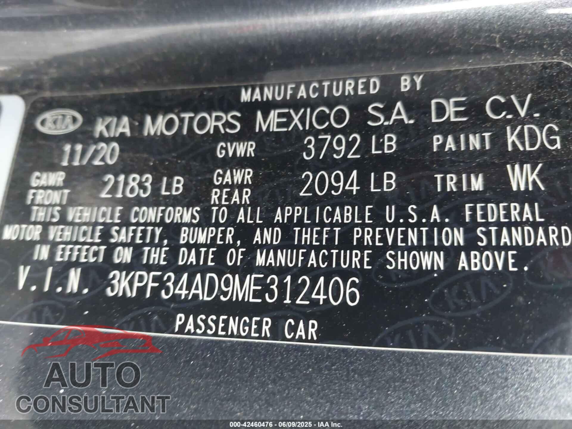 KIA FORTE 2021 - 3KPF34AD9ME312406