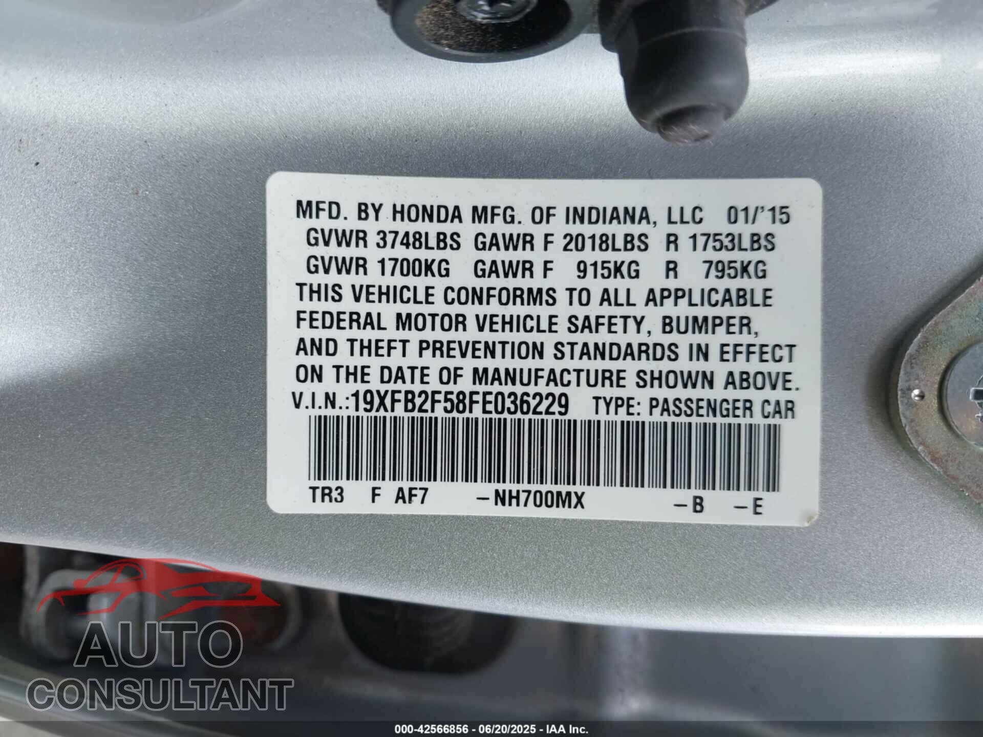 HONDA CIVIC 2015 - 19XFB2F58FE036229