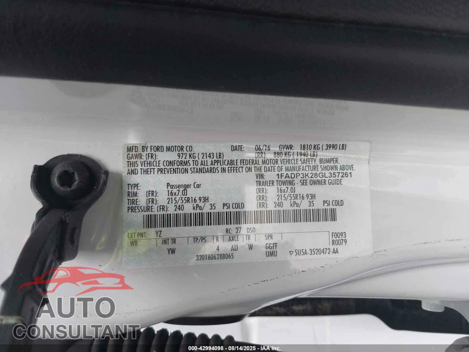 FORD FOCUS 2016 - 1FADP3K28GL357261