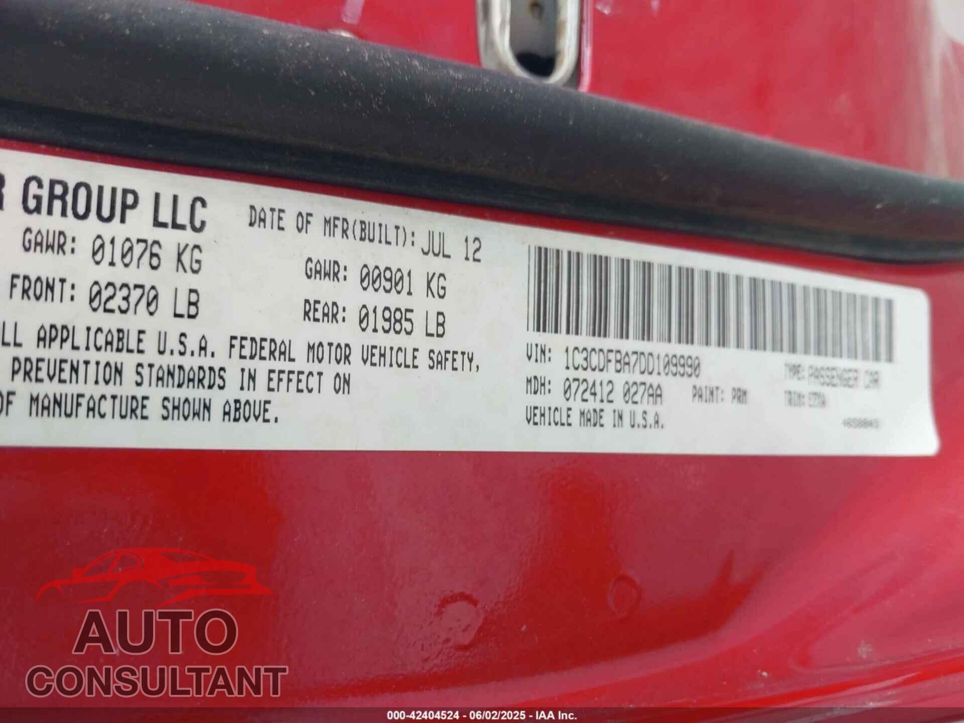 DODGE DART 2013 - 1C3CDFBA7DD109990