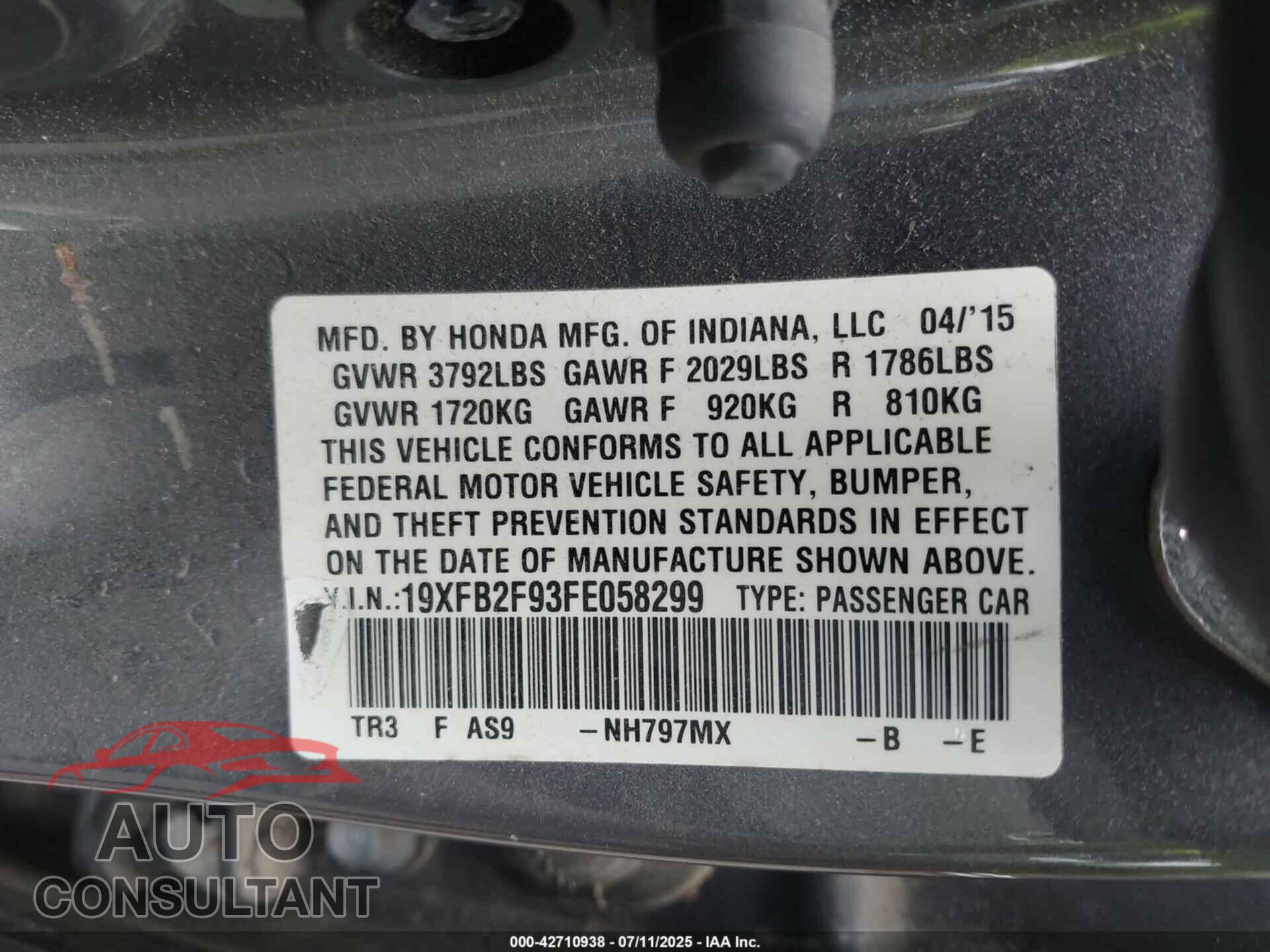 HONDA CIVIC 2015 - 19XFB2F93FE058299