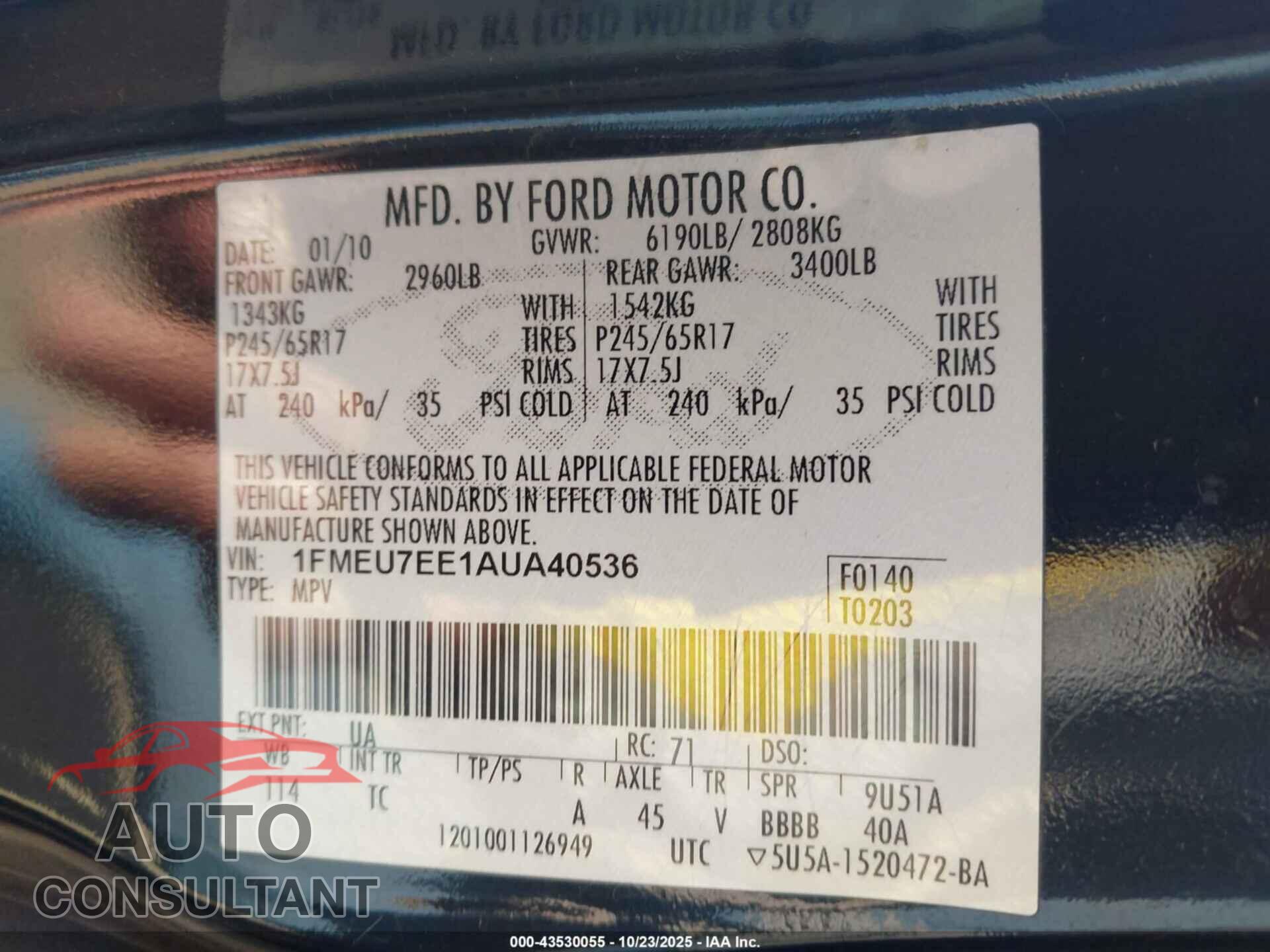 FORD EXPLORER 2010 - 1FMEU7EE1AUA40536