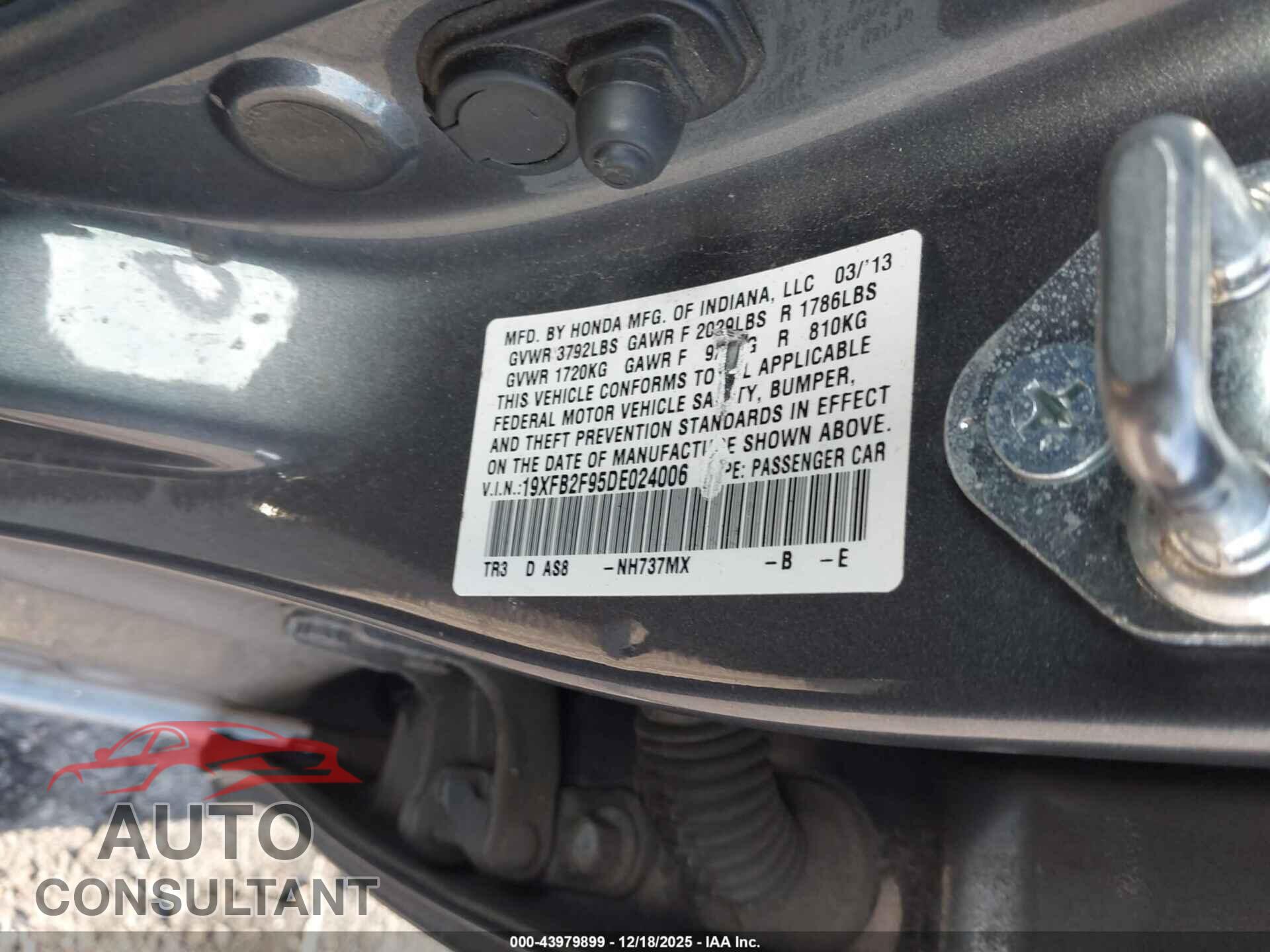 HONDA CIVIC 2013 - 19XFB2F95DE024006