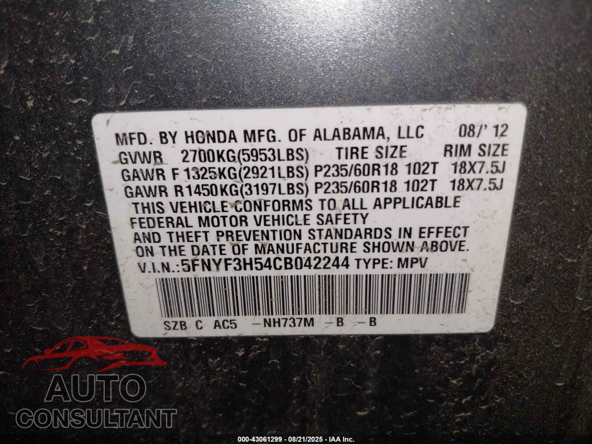 HONDA PILOT 2012 - 5FNYF3H54CB042244