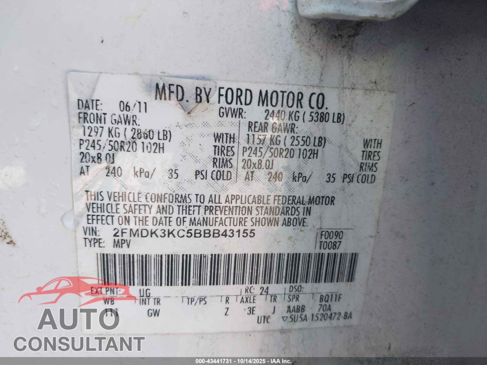 FORD EDGE 2011 - 2FMDK3KC5BBB43155