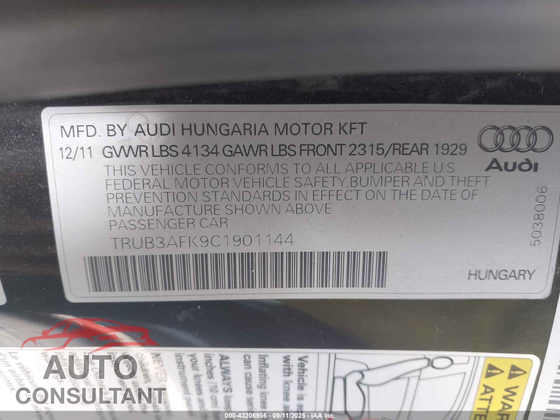 AUDI TT RS 2012 - TRUB3AFK9C1901144