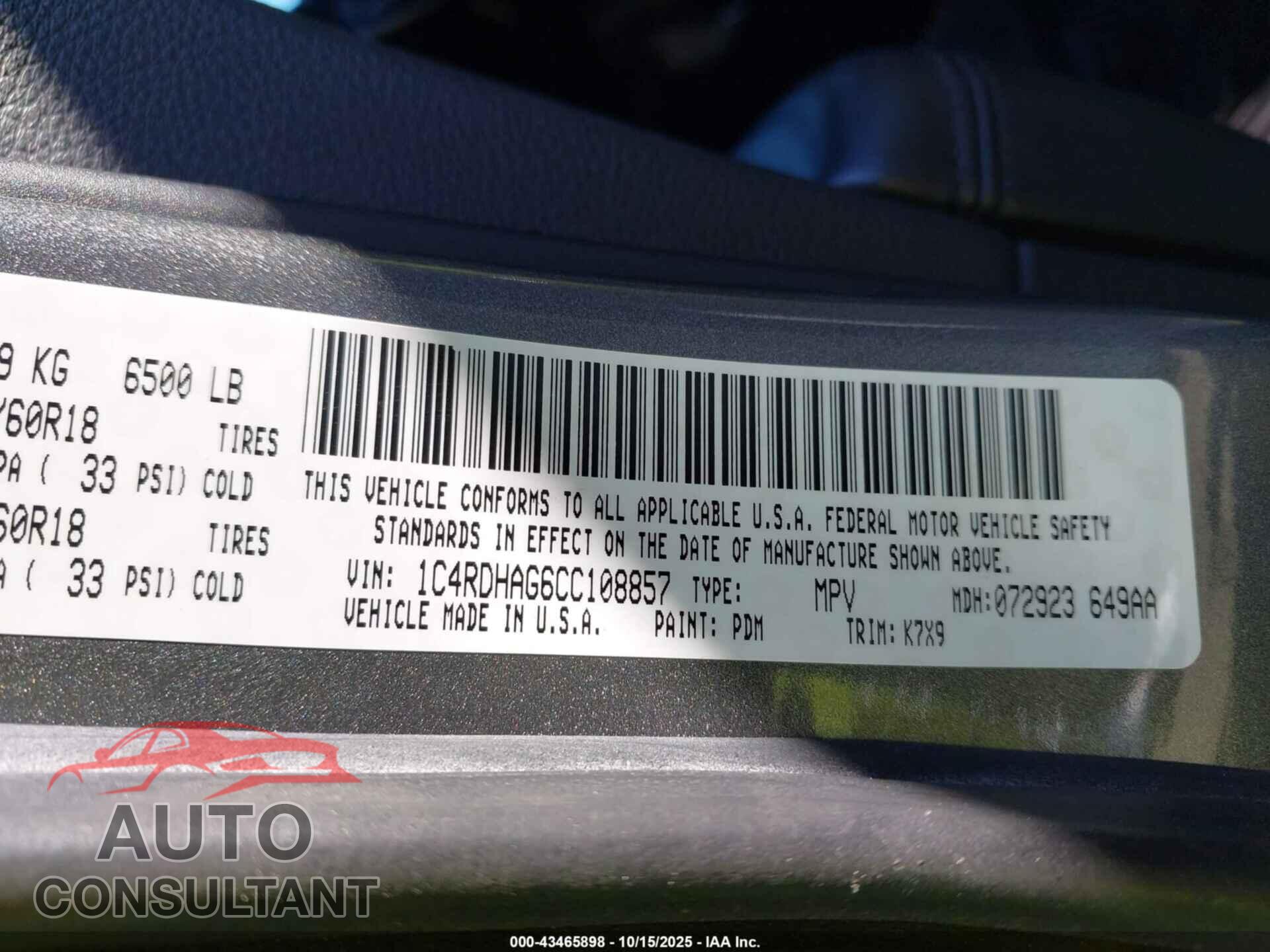 DODGE DURANGO 2012 - 1C4RDHAG6CC108857