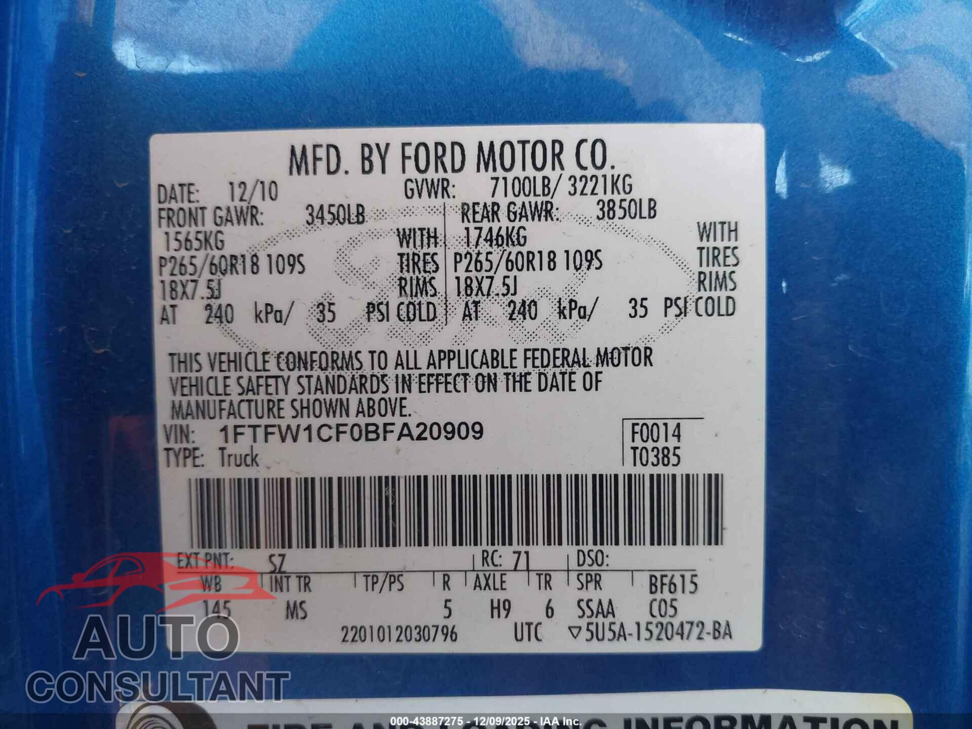 FORD F-150 2011 - 1FTFW1CF0BFA20909