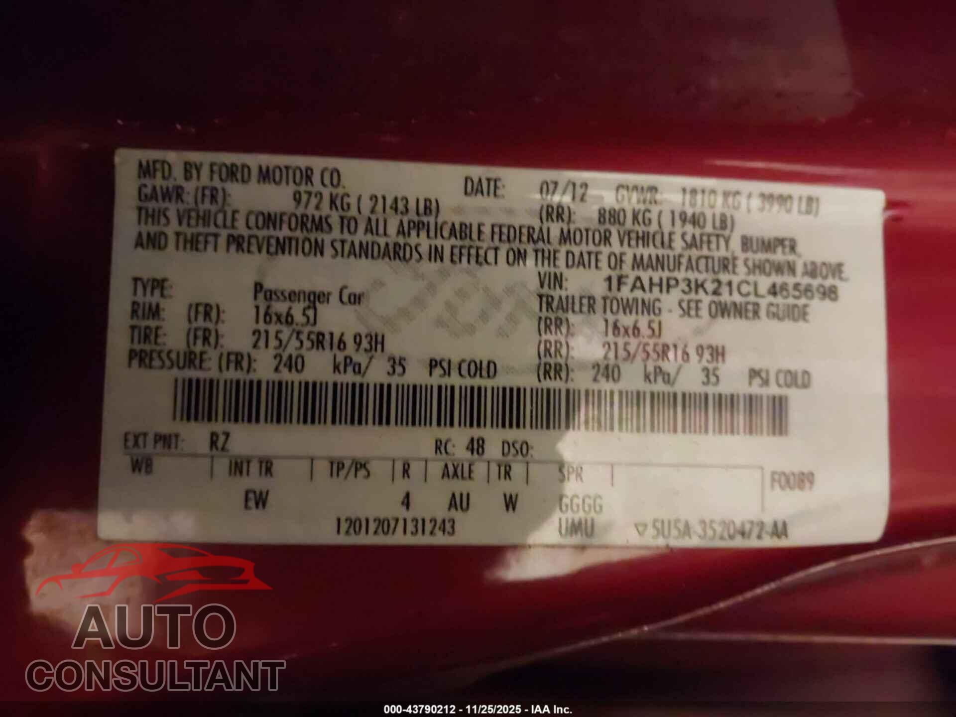 FORD FOCUS 2012 - 1FAHP3K21CL465698