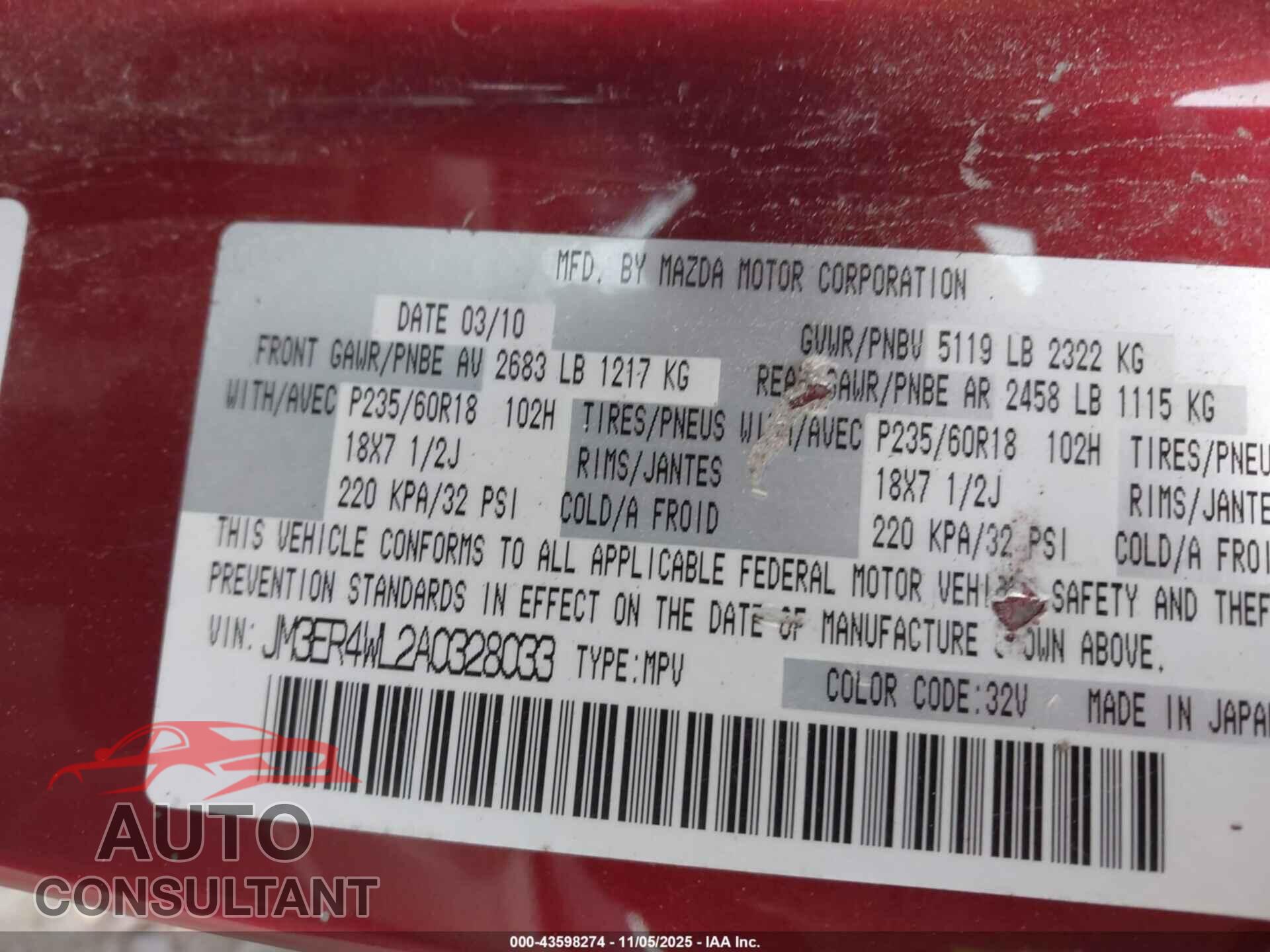 MAZDA CX-7 2010 - JM3ER4WL2A0328033