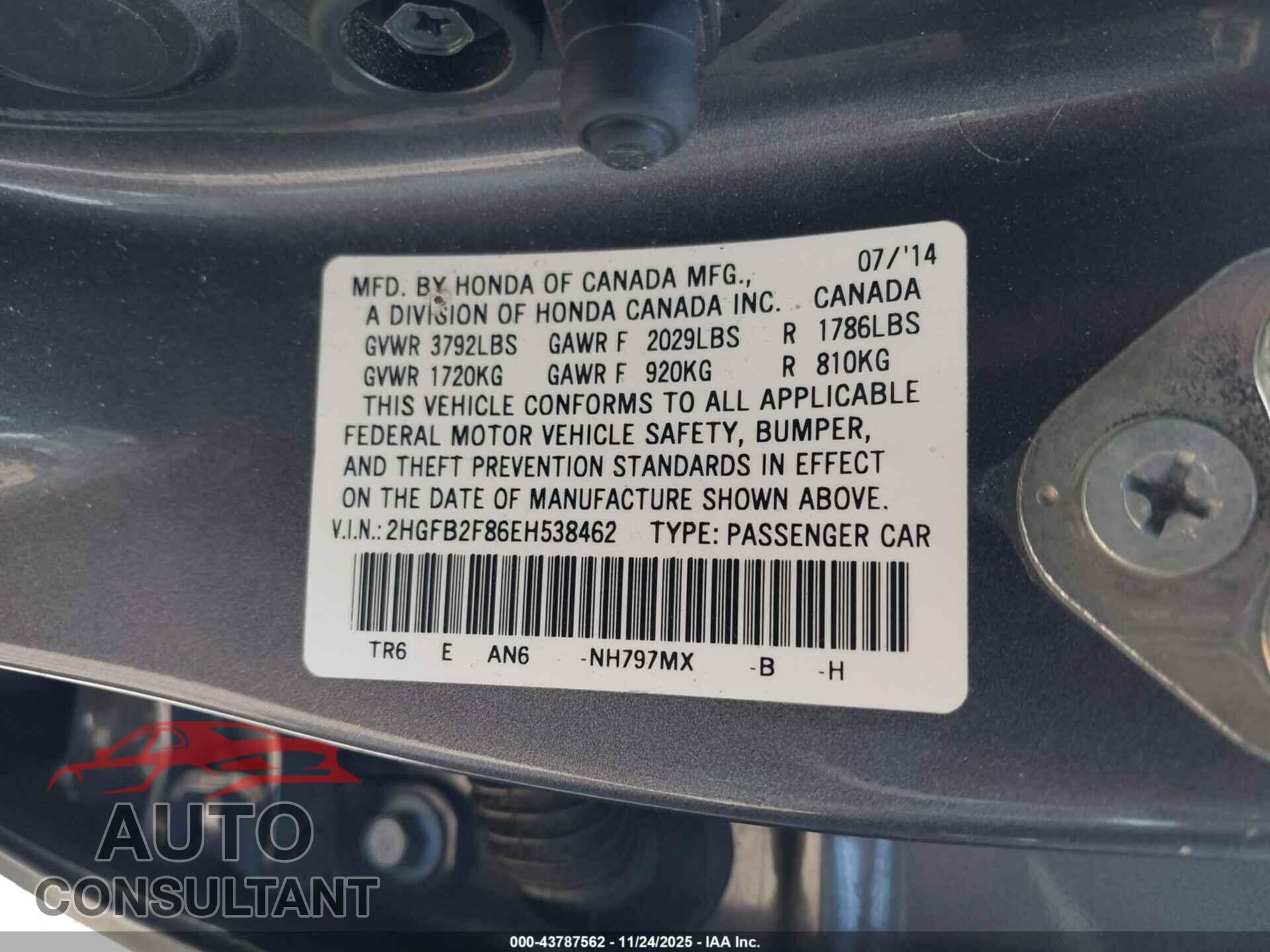 HONDA CIVIC 2014 - 2HGFB2F86EH538462