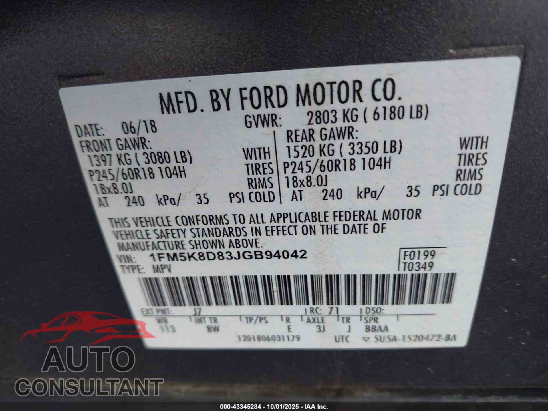FORD EXPLORER 2018 - 1FM5K8D83JGB94042