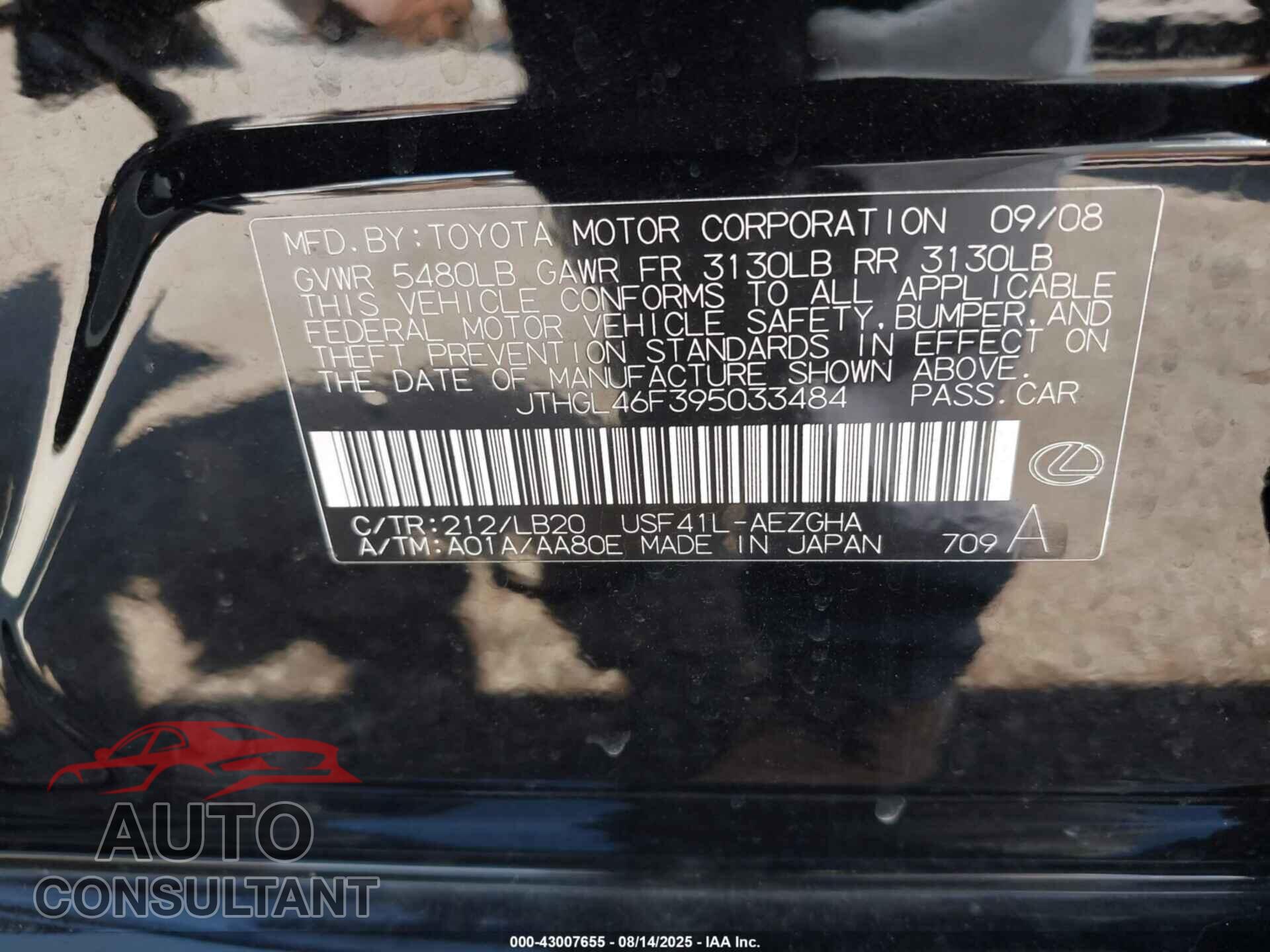 LEXUS LS 460 2009 - JTHGL46F395033484