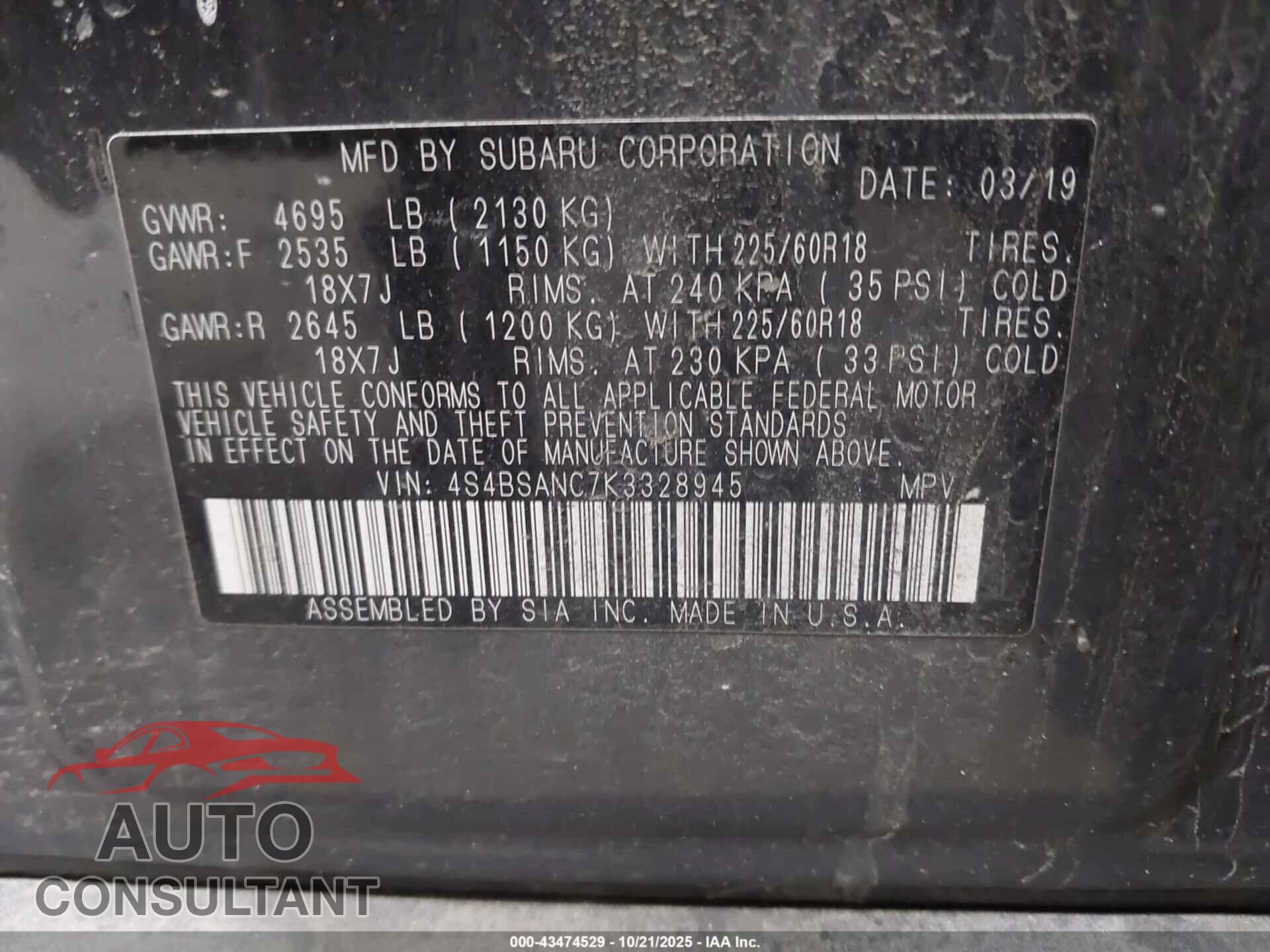 SUBARU OUTBACK 2019 - 4S4BSANC7K3328945