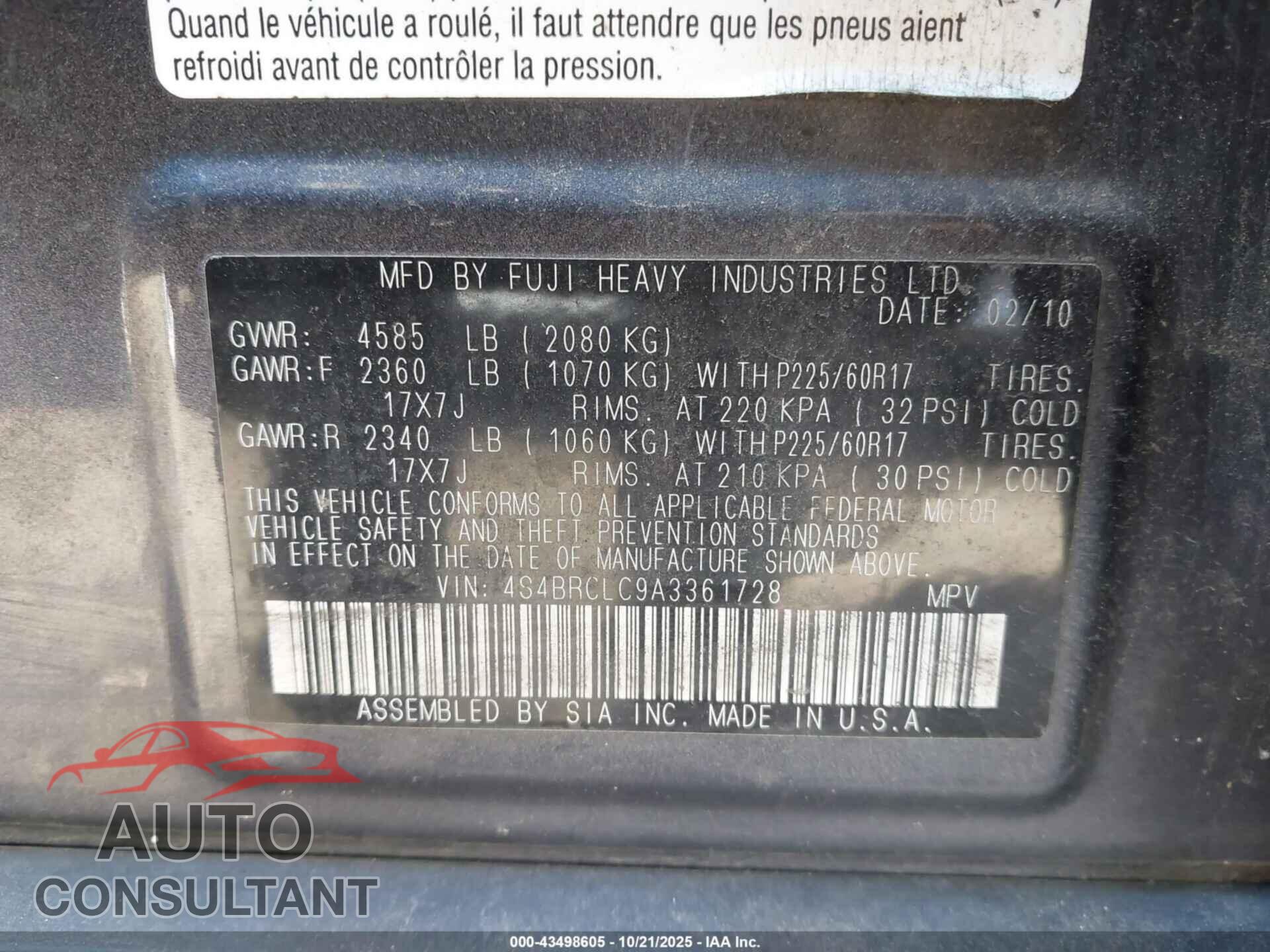 SUBARU OUTBACK 2010 - 4S4BRCLC9A3361728