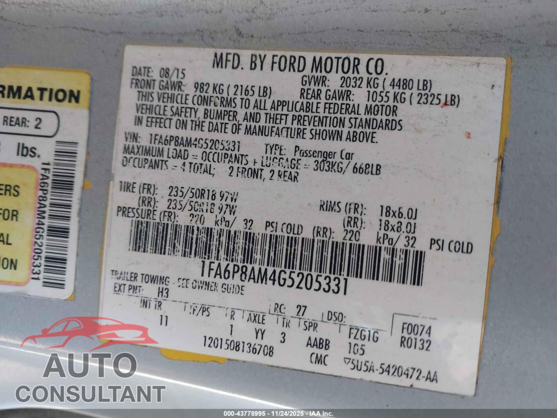 FORD MUSTANG 2016 - 1FA6P8AM4G5205331