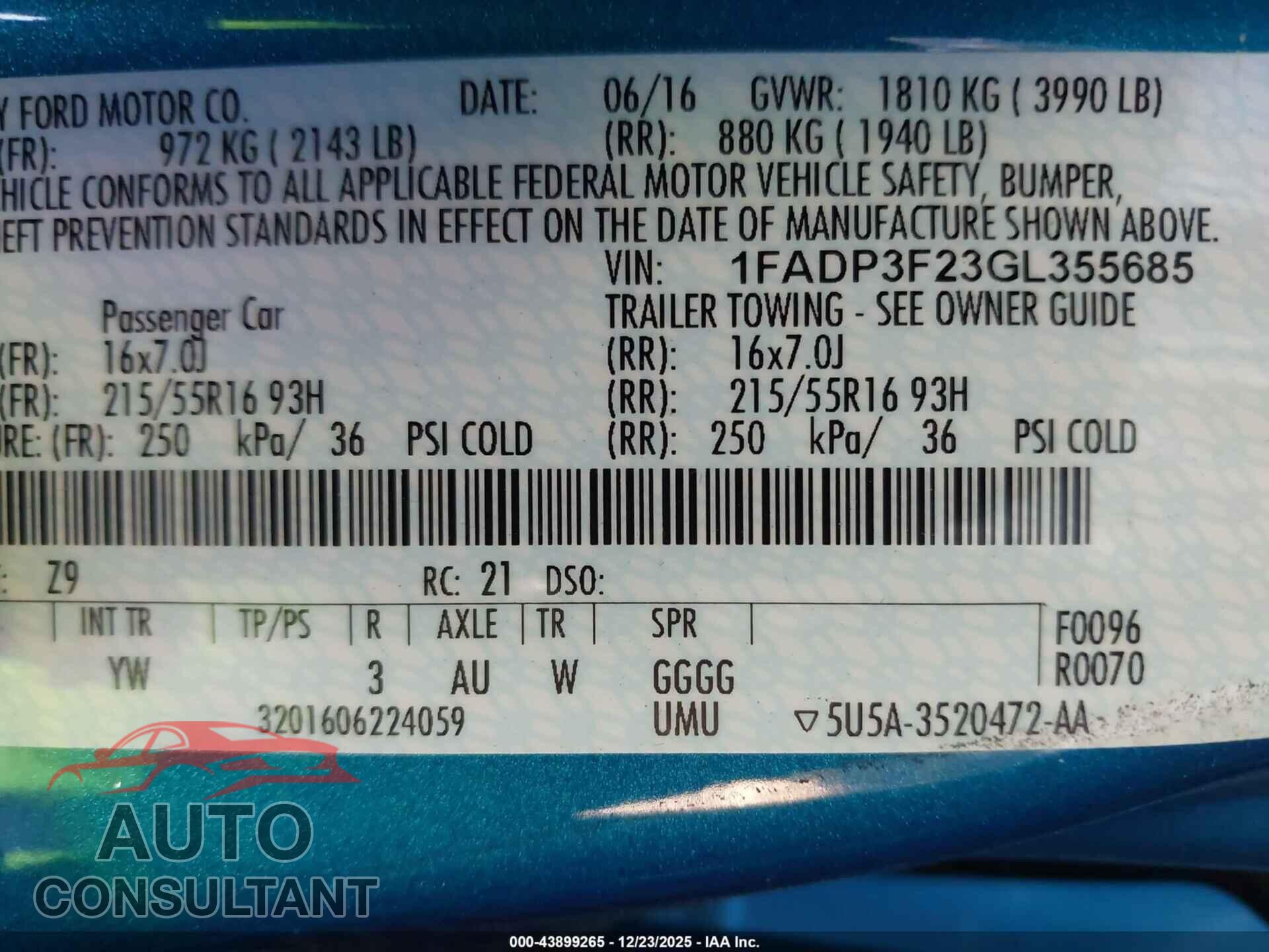 FORD FOCUS 2016 - 1FADP3F23GL355685