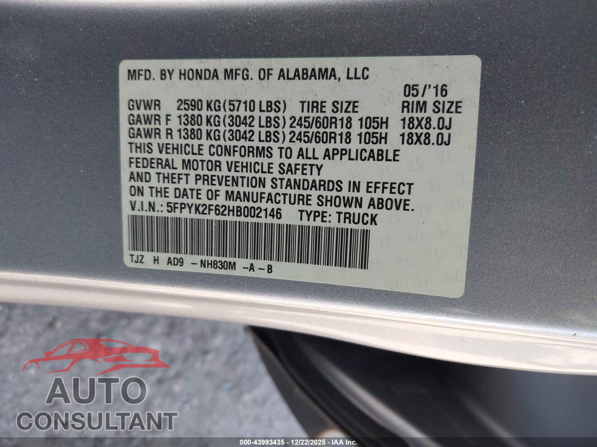 HONDA RIDGELINE 2017 - 5FPYK2F62HB002146