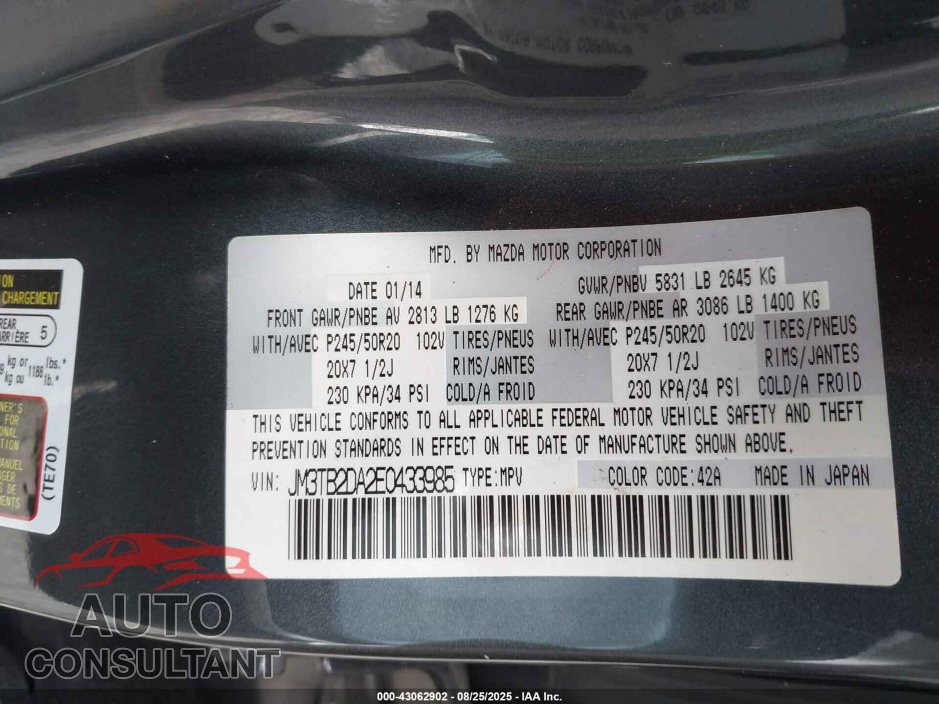 MAZDA CX-9 2014 - JM3TB2DA2E0433985
