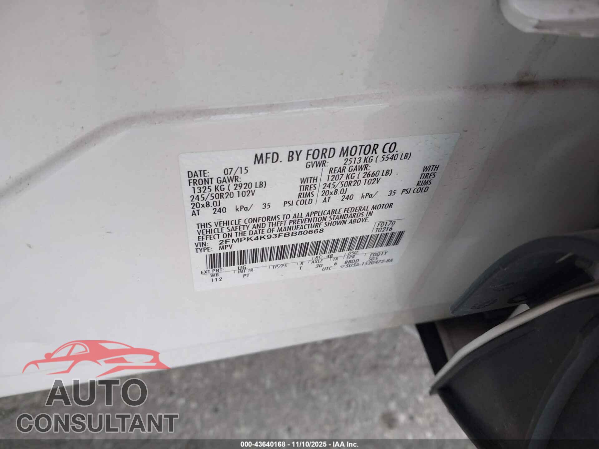 FORD EDGE 2015 - 2FMPK4K93FBB80668
