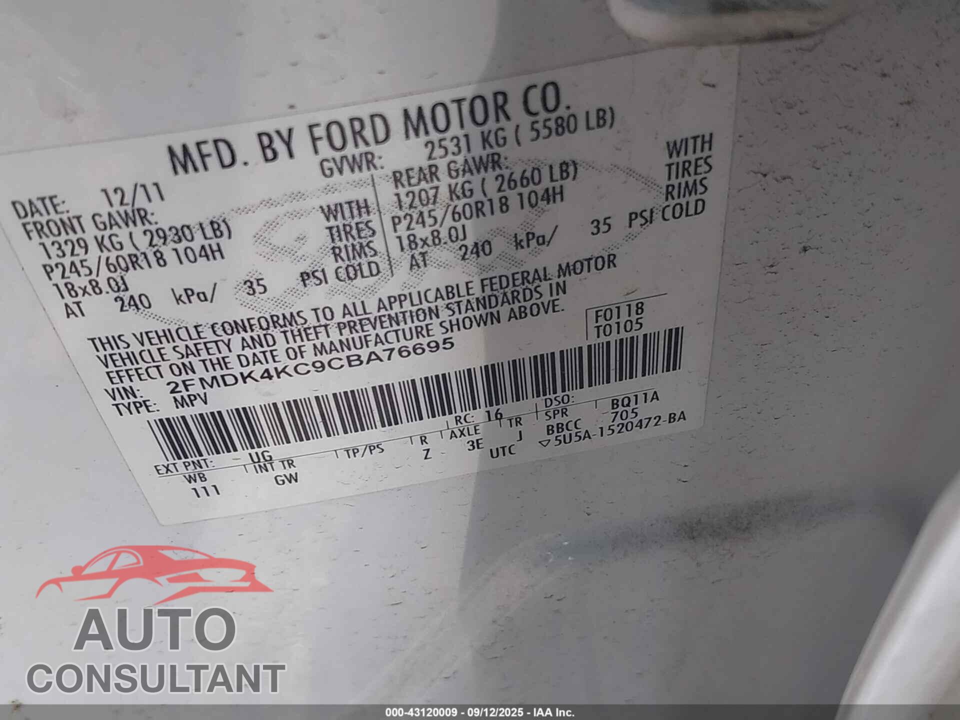 FORD EDGE 2012 - 2FMDK4KC9CBA76695