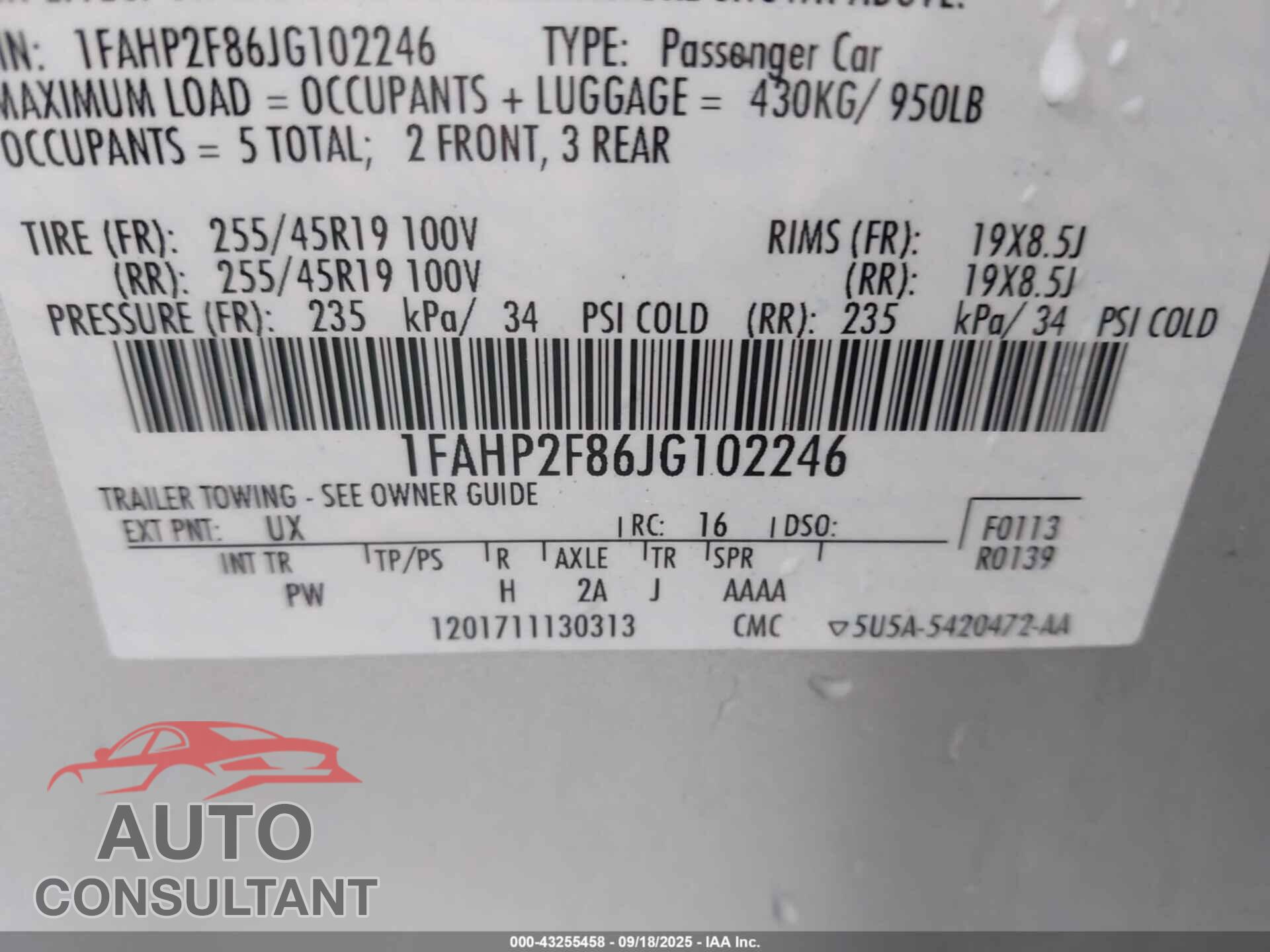 FORD TAURUS 2018 - 1FAHP2F86JG102246