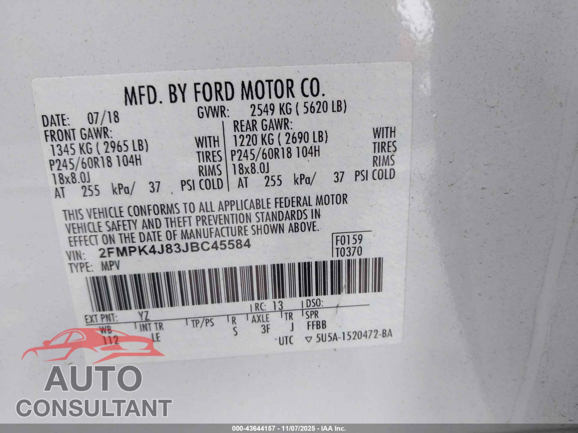 FORD EDGE 2018 - 2FMPK4J83JBC45584