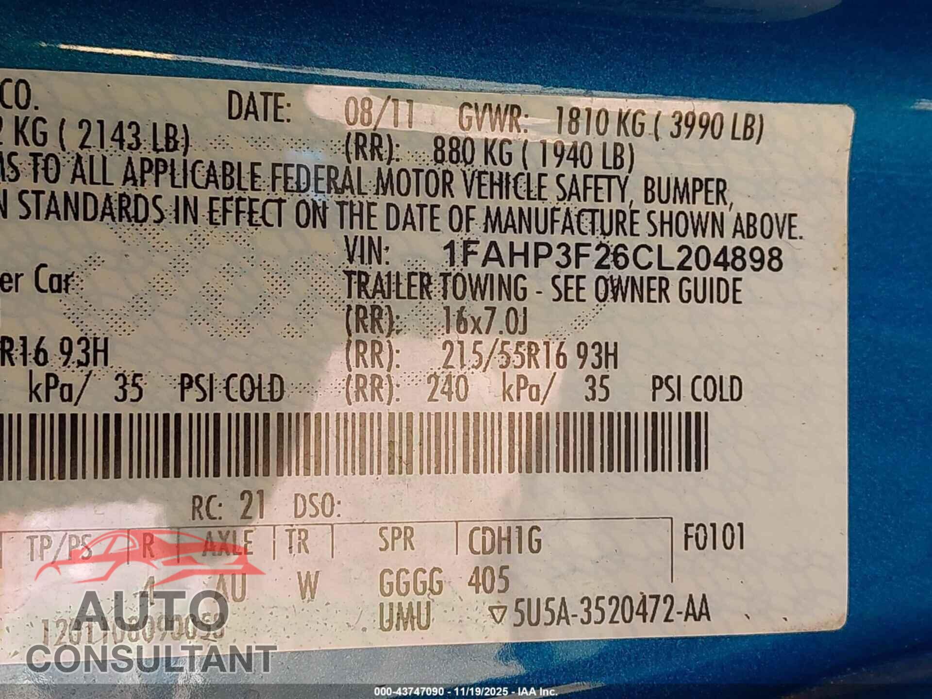 FORD FOCUS 2012 - 1FAHP3F26CL204898