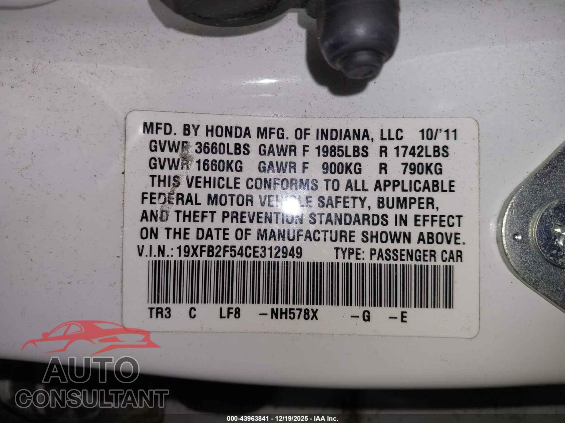 HONDA CIVIC 2012 - 19XFB2F54CE312949