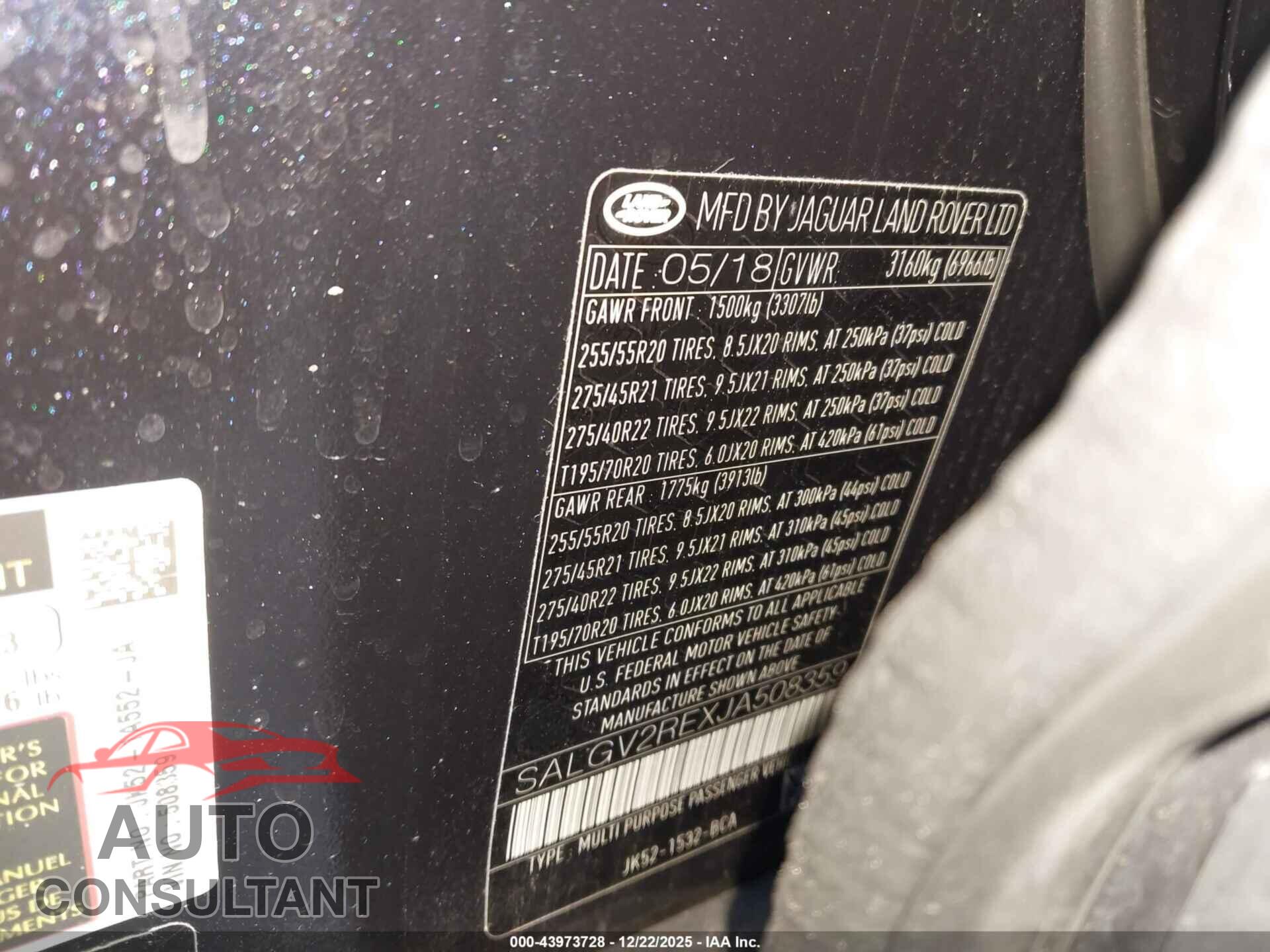 LAND ROVER RANGE ROVER 2018 - SALGV2REXJA508359