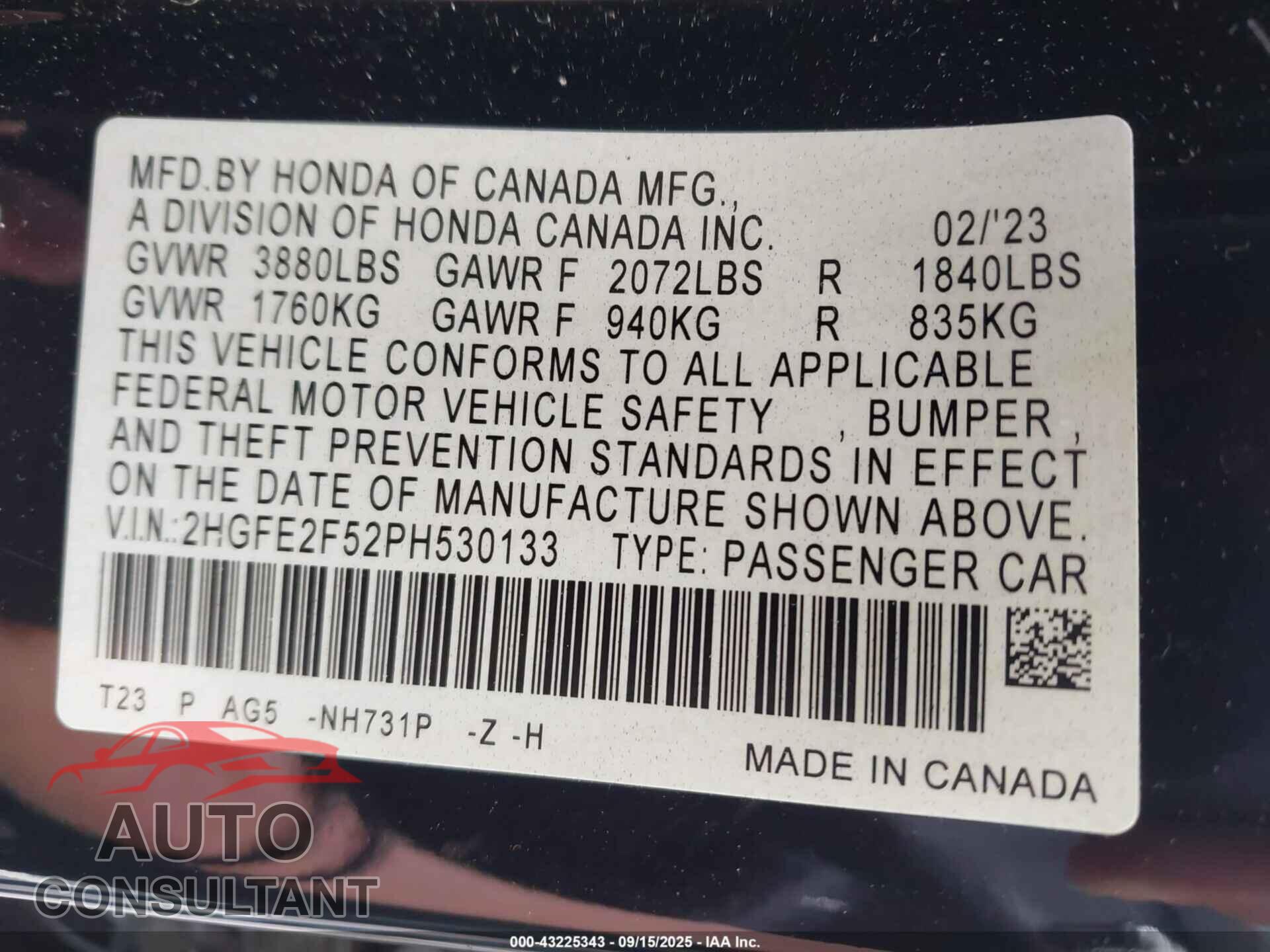 HONDA CIVIC 2023 - 2HGFE2F52PH530133