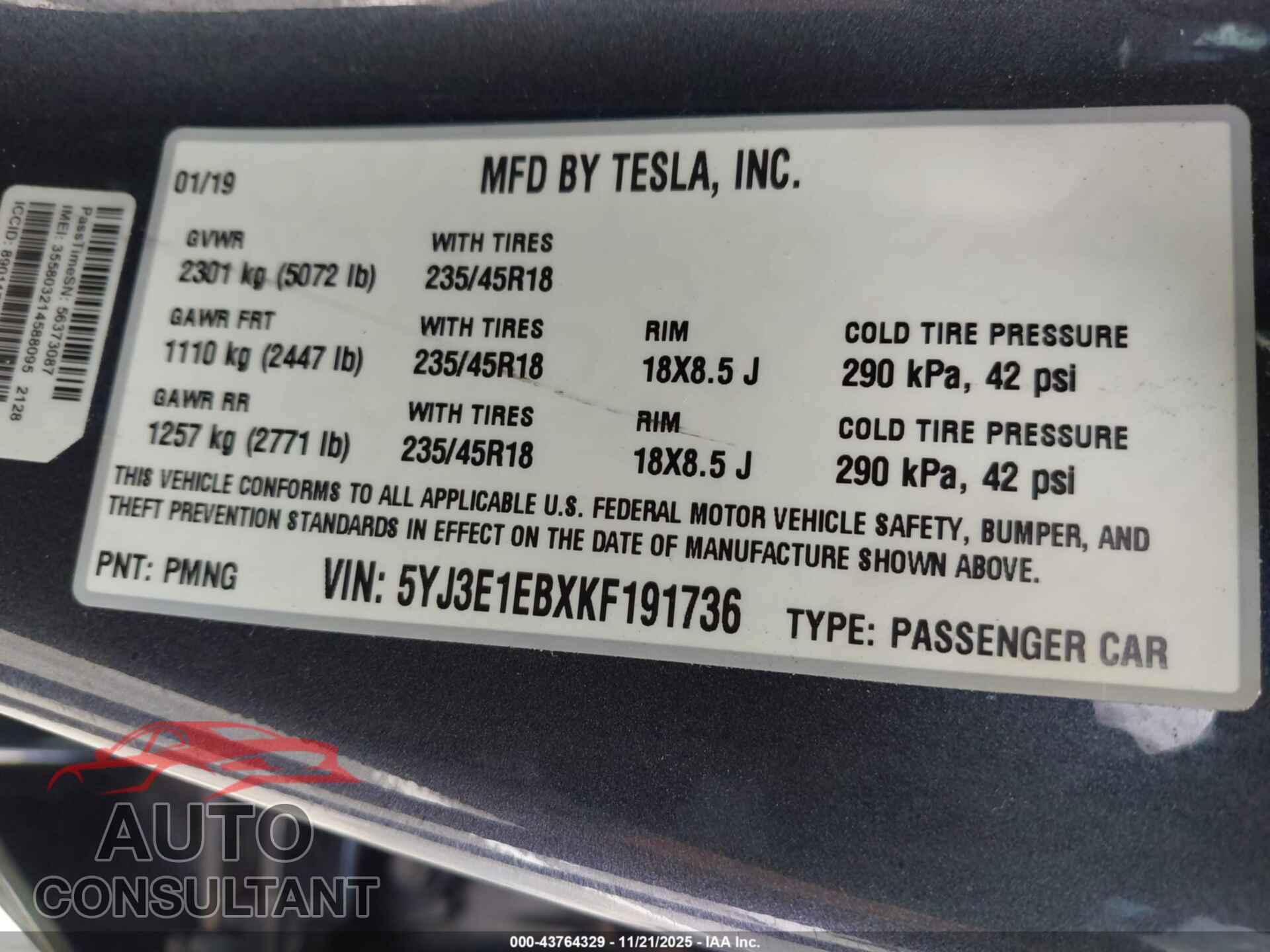 TESLA MODEL 3 2019 - 5YJ3E1EBXKF191736