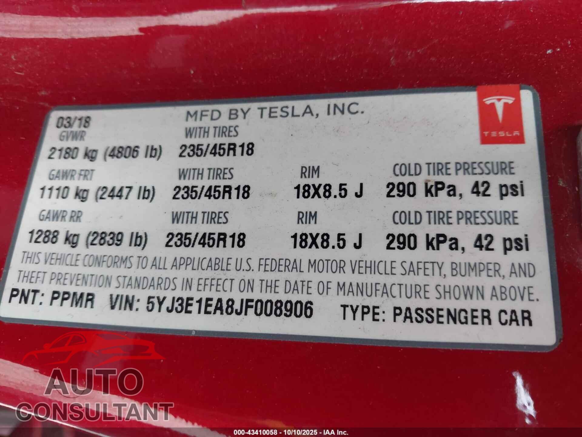 TESLA MODEL 3 2018 - 5YJ3E1EA8JF008906