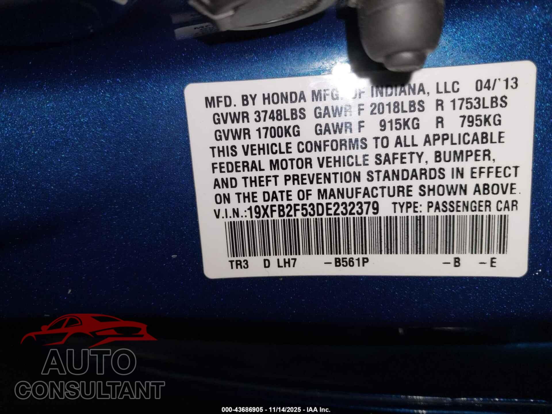 HONDA CIVIC 2013 - 19XFB2F53DE232379