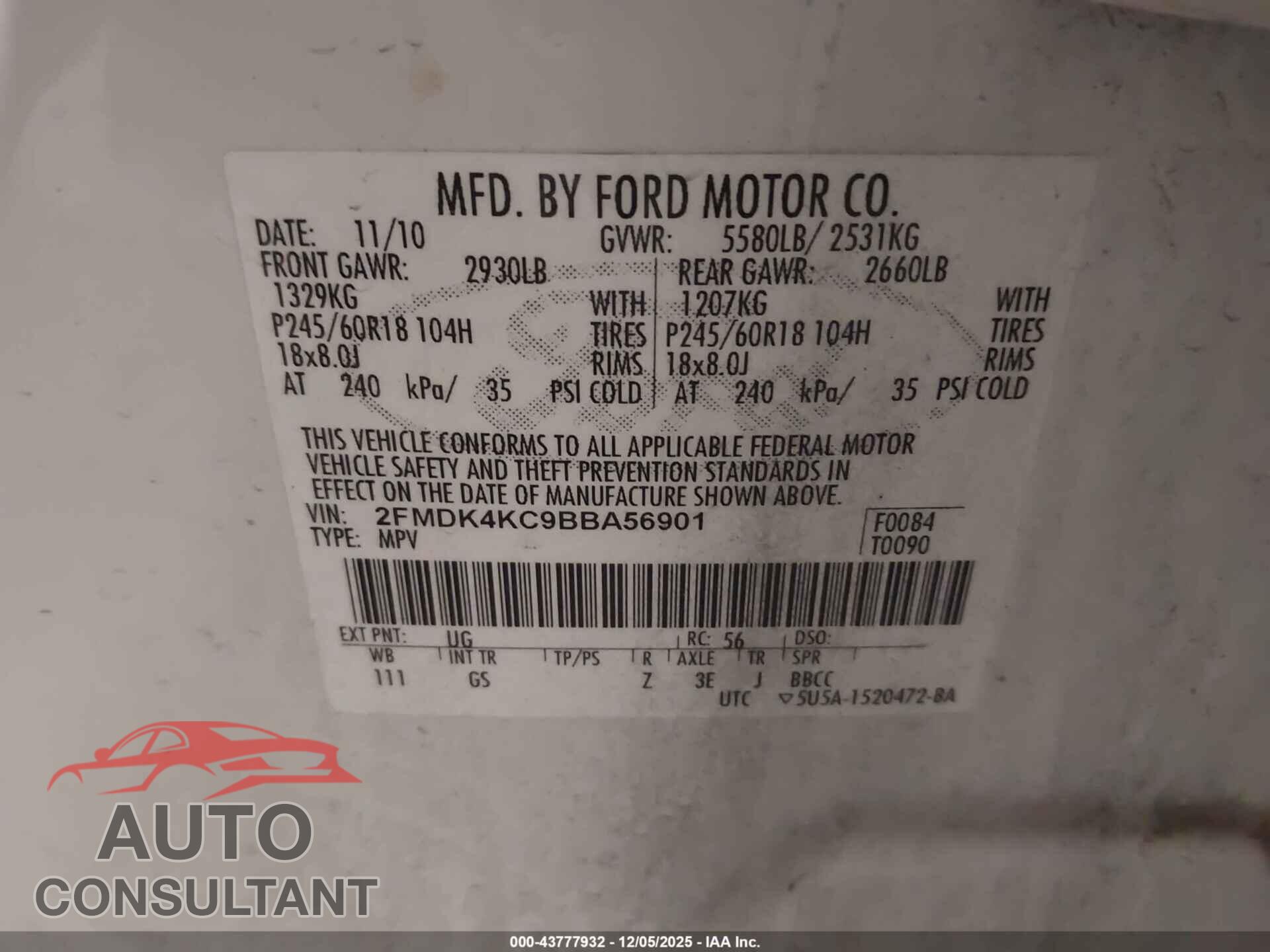 FORD EDGE 2011 - 2FMDK4KC9BBA56901