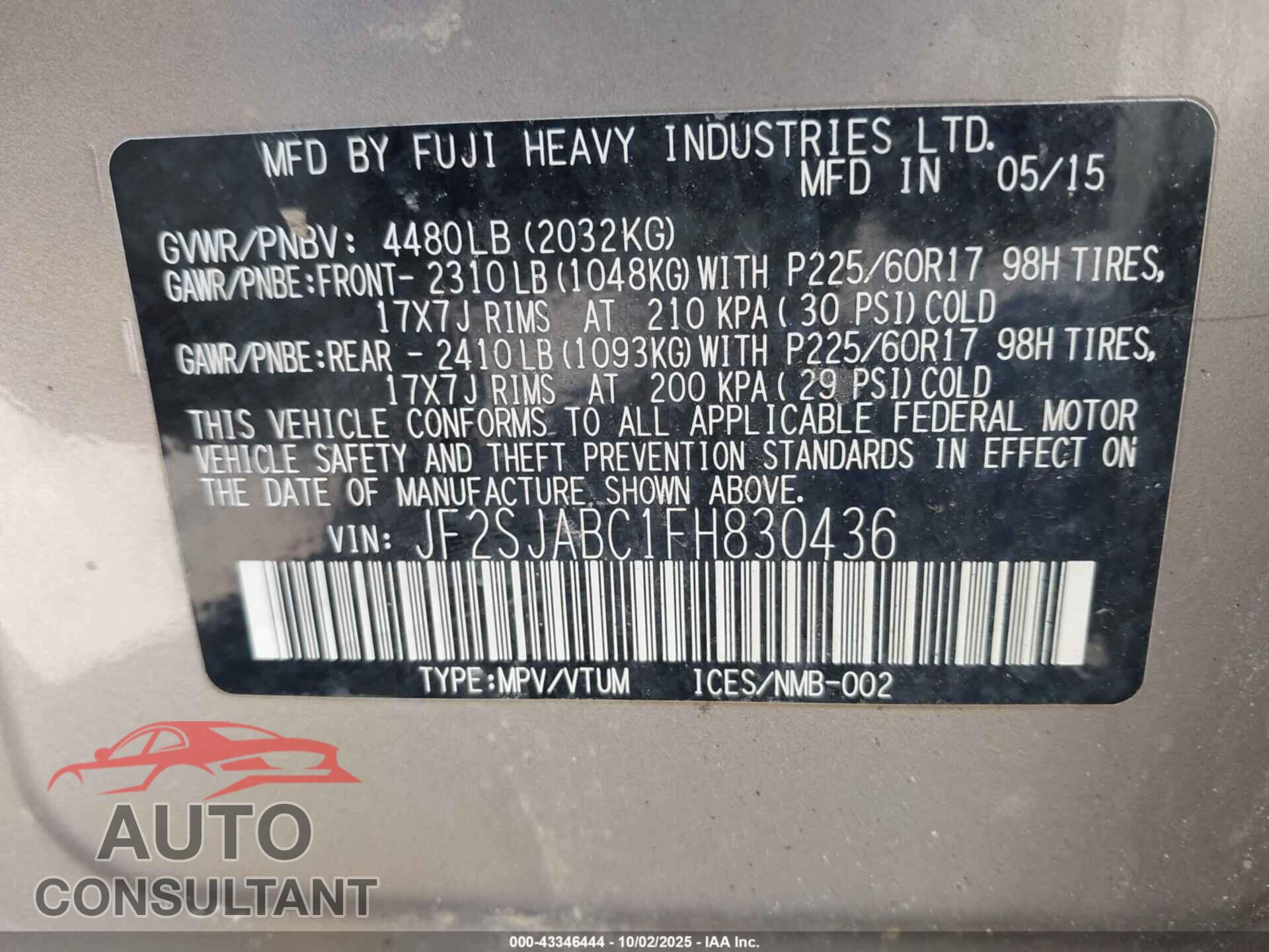 SUBARU FORESTER 2015 - JF2SJABC1FH830436