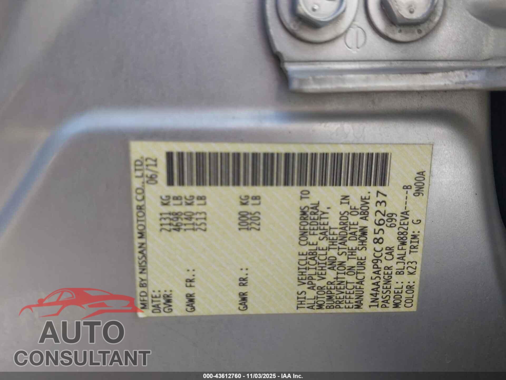 NISSAN MAXIMA 2012 - 1N4AA5AP9CC856237